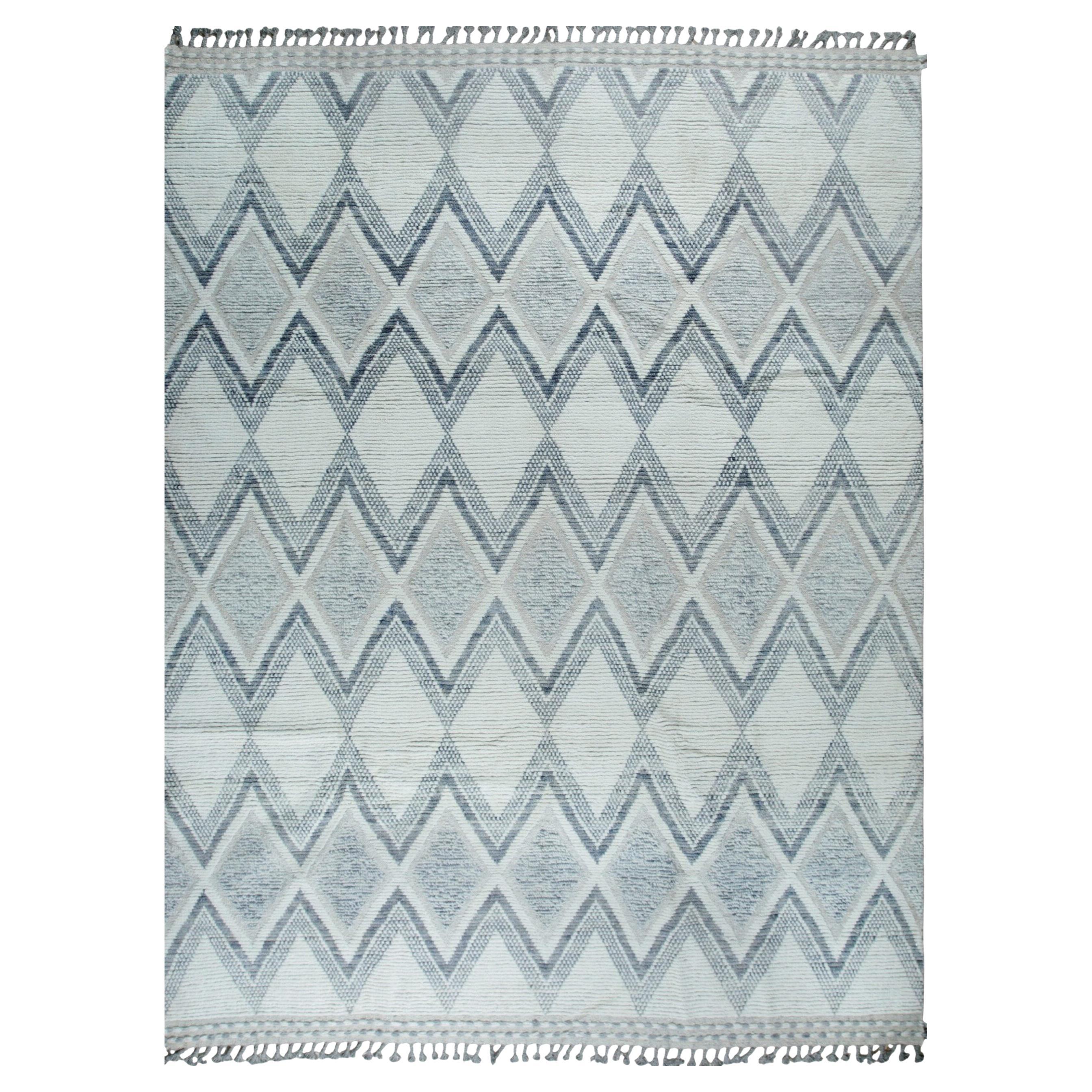 8x11 Ivory Hand-Knotted Wool Layered Diamond Weave Geometric Modern Carpet Rug