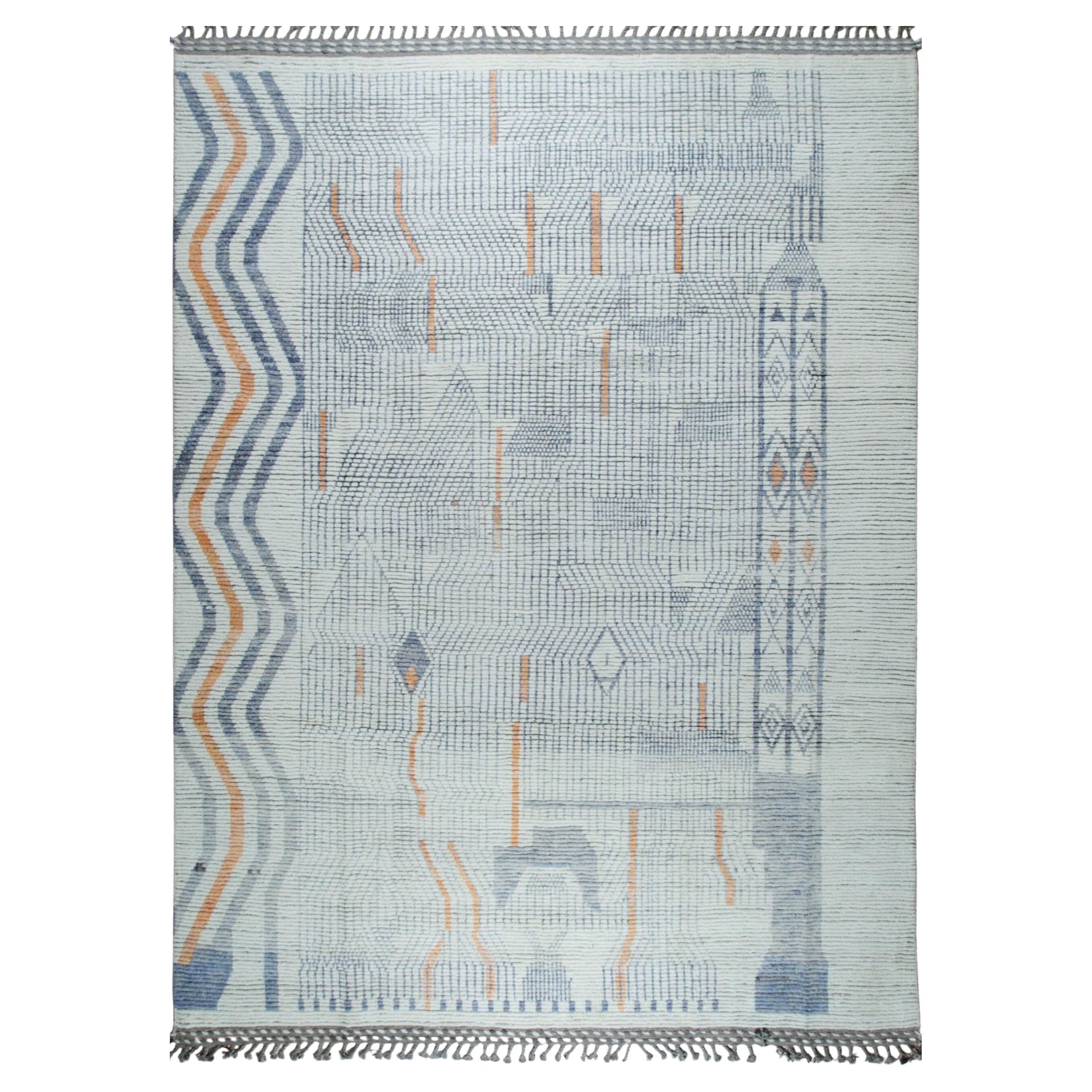 8x11 Ivory Hand-Knotted Wool Linear Gridwork Tribal Modern Carpet Rug