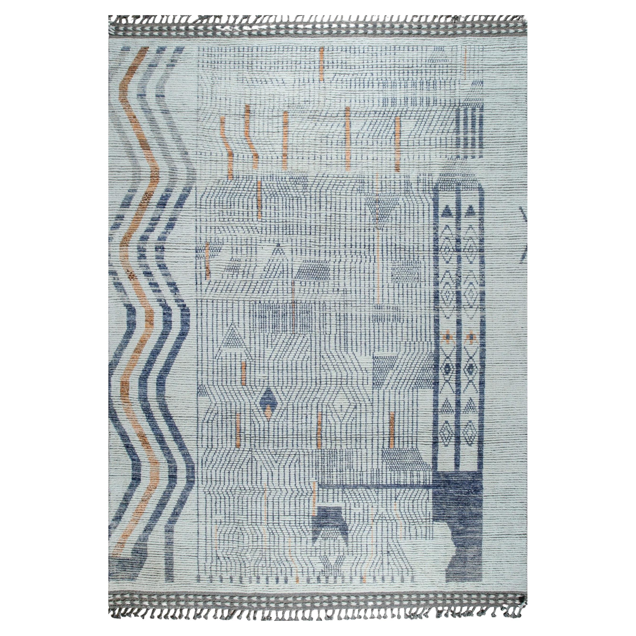 8x11 Ivory Hand-Knotted Wool Linear Maze Motif Tribal Modern Carpet Rug