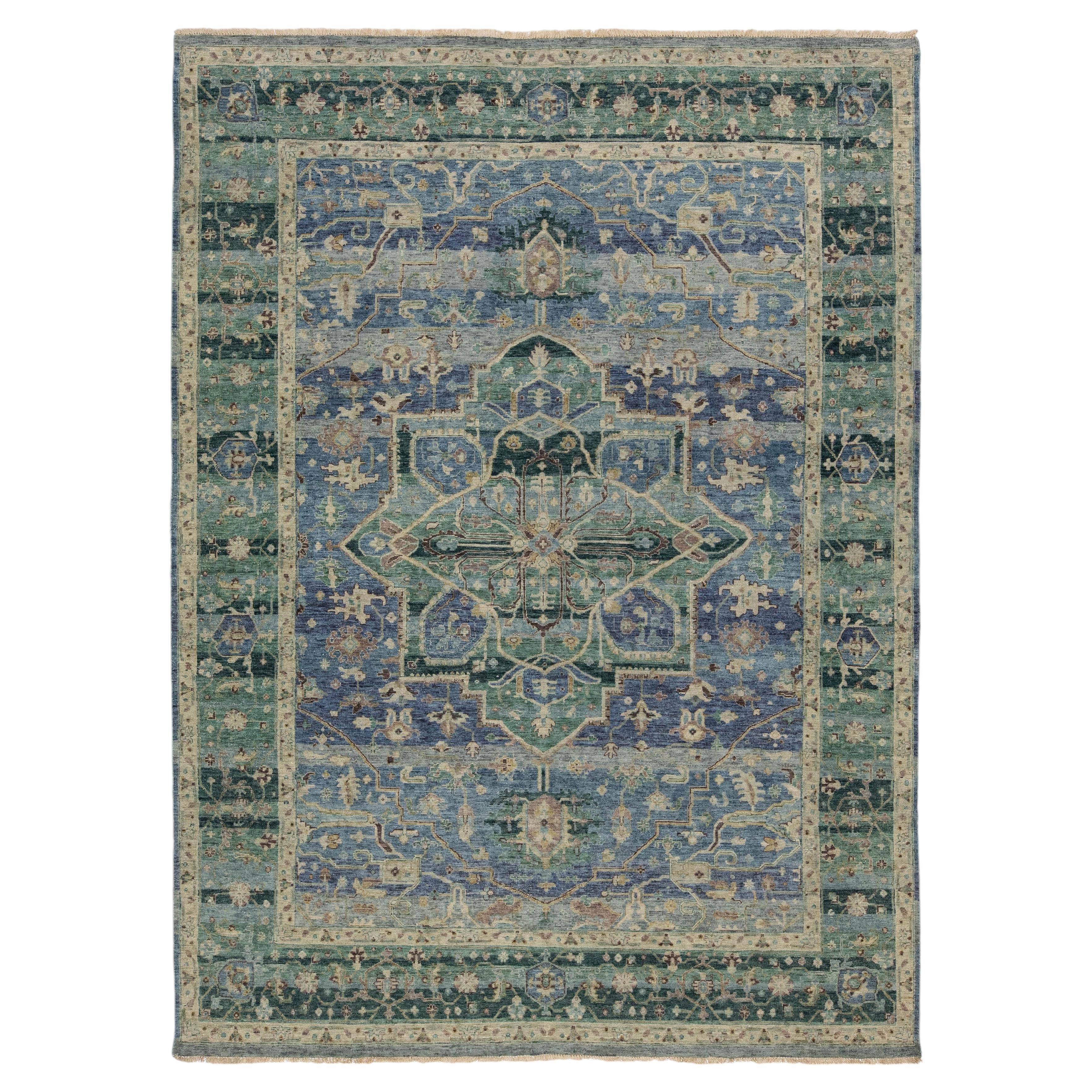 8x11 Modern Tabriz Style Wool Area Rug – Teal, Azure, and Sage Medallion Design