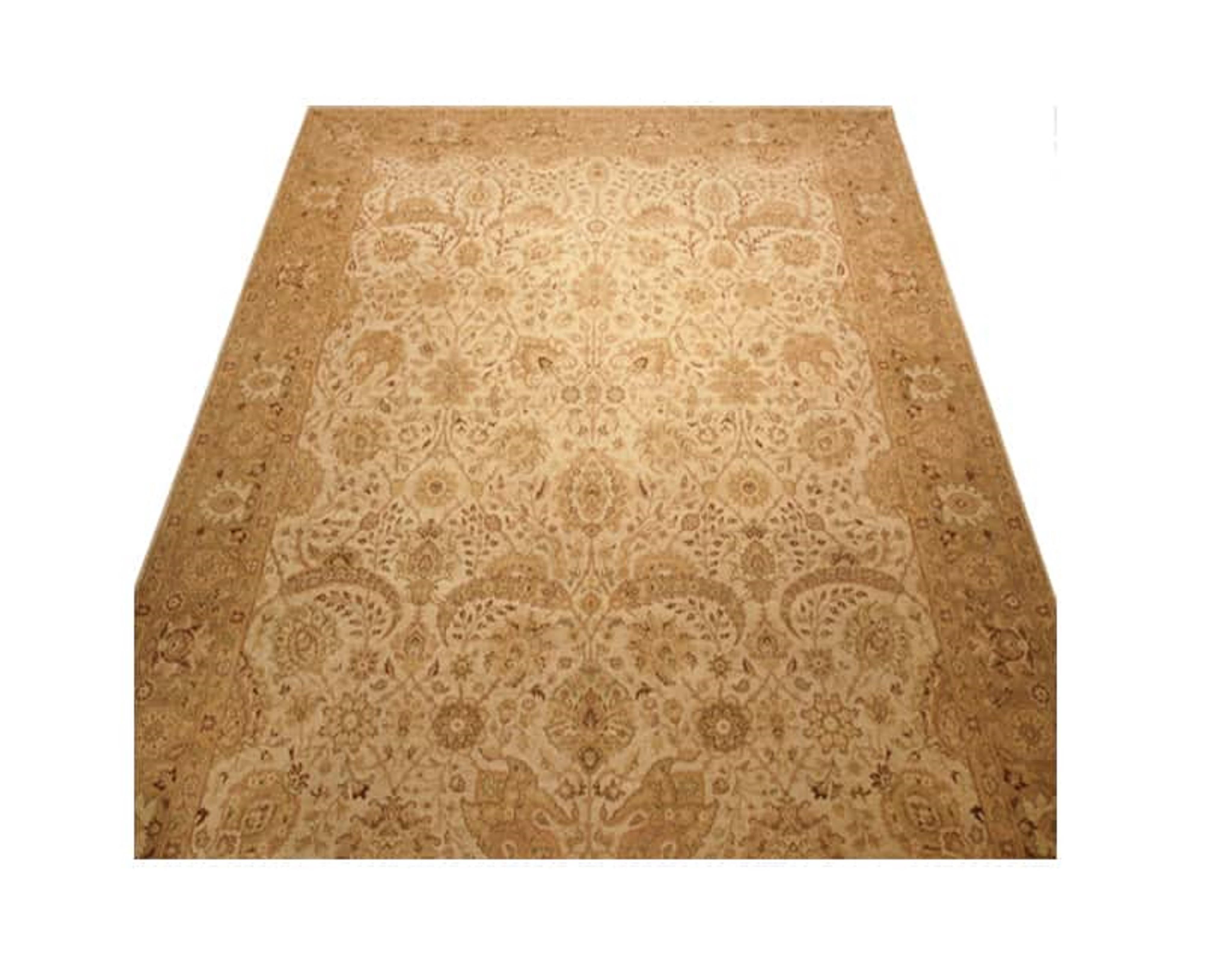 Traditional handwoven Indian Agra rug recreation – Traditional handwoven Indian Agra rug featuring an elegant all-over floral design rendered in a plush field of ivory surrounded by a beige-colored border featuring a nuanced botanical theme.