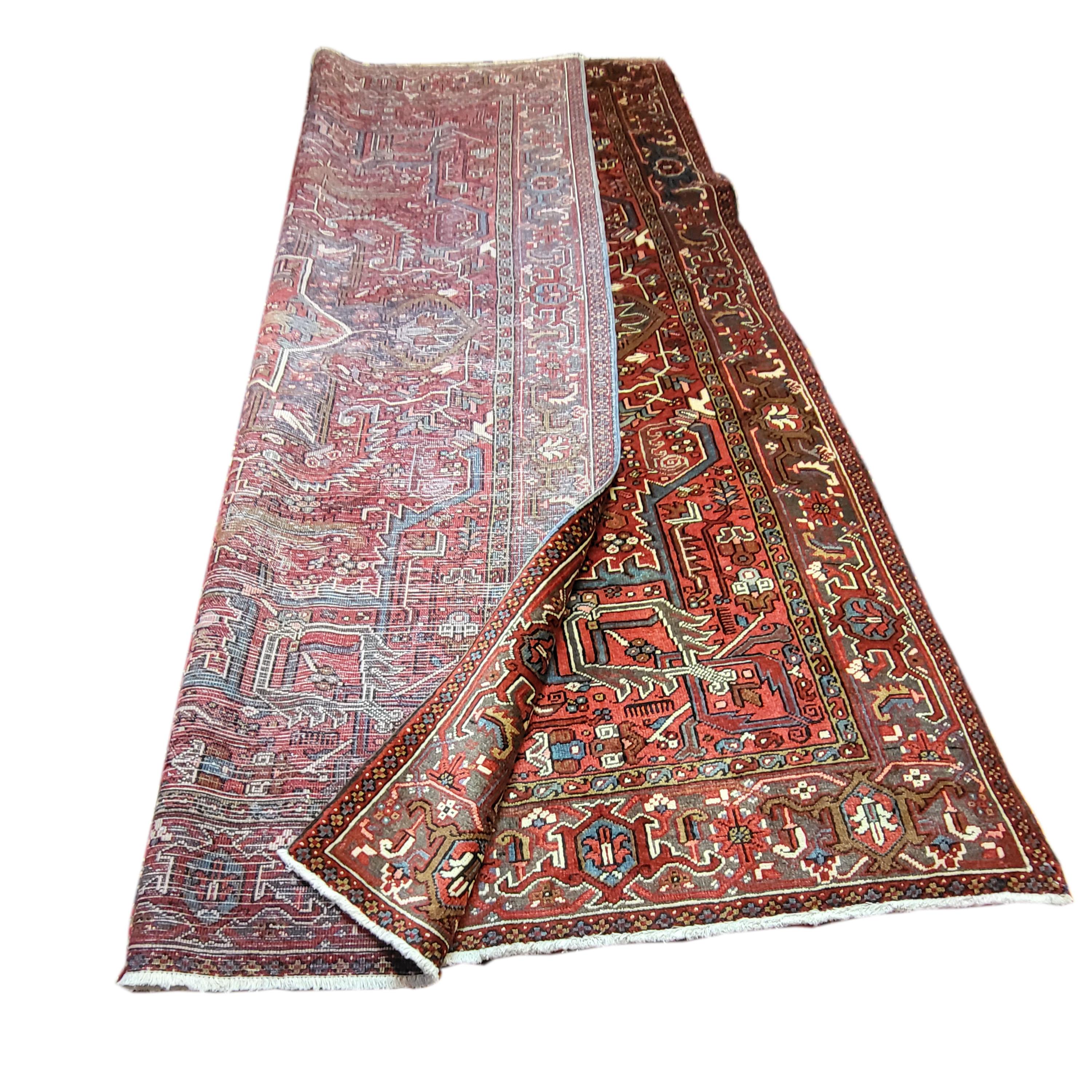 Heriz Serapi 8'x11' Antique Heriz - Persian Serapi Rug - Rust Brown Cyan For Sale