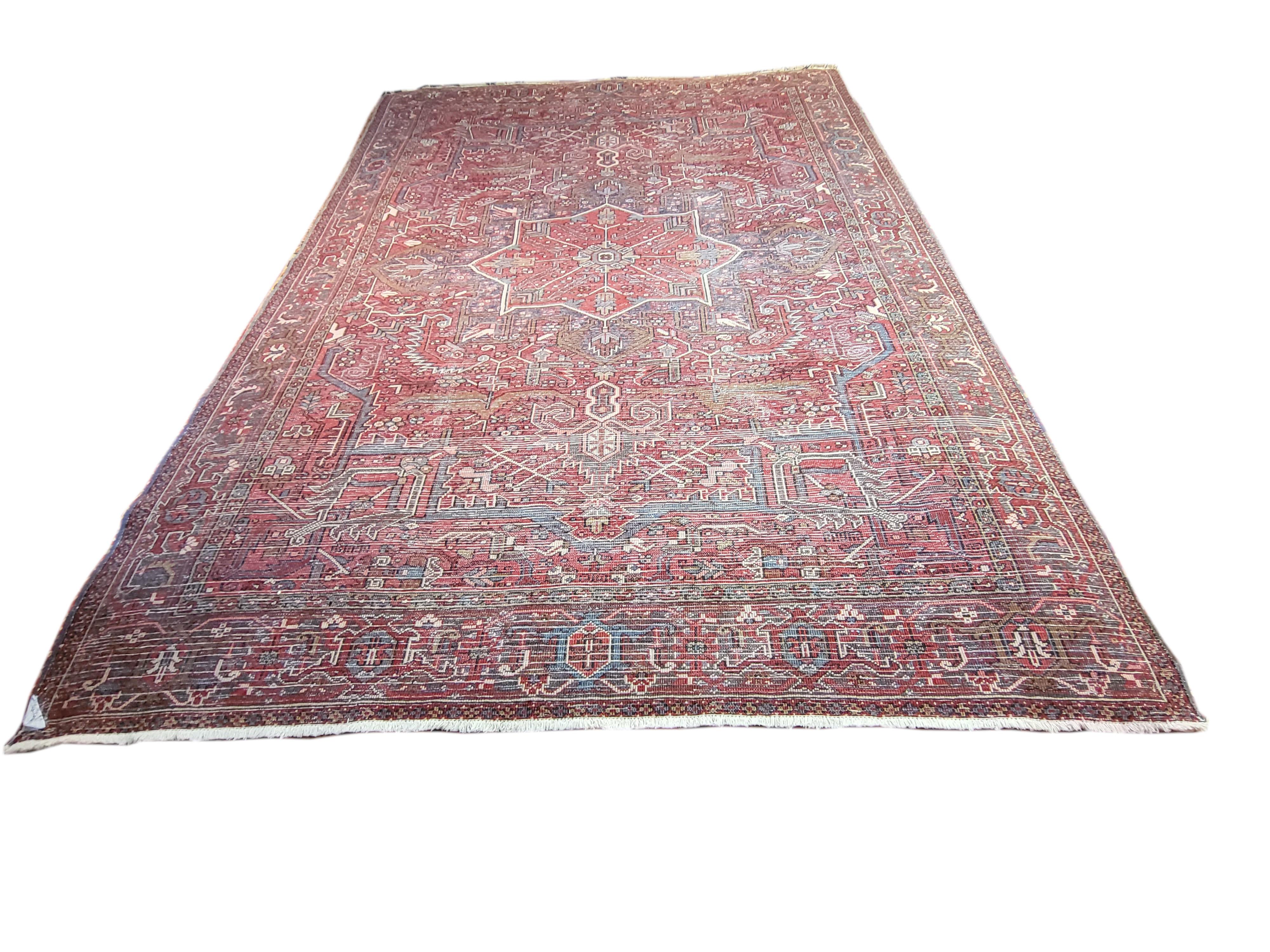 Hand-Knotted 8'x11' Antique Heriz - Persian Serapi Rug - Rust Brown Cyan For Sale