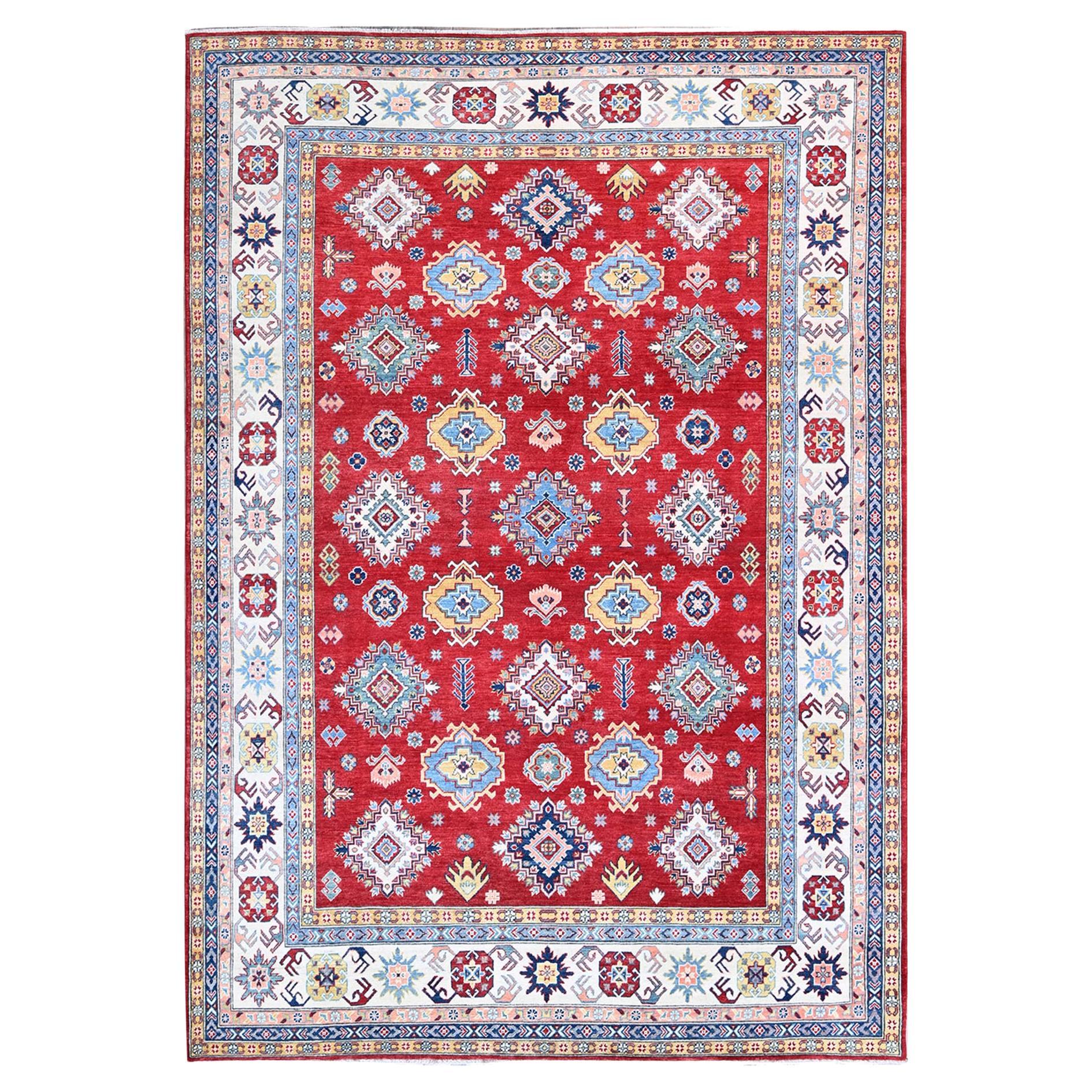 8'x11'3" Red Kazak with Geometric Medallions Design Hand Knotted Soft Wool Rug