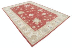 8x11.4 ft Handmade Floral Oushak Large Area Rug with Red Field and Ivory Border