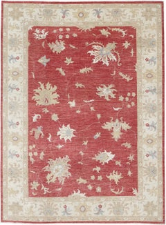 8x11.4 ft Handmade Floral Oushak Large Area Rug with Red Field and Ivory Border