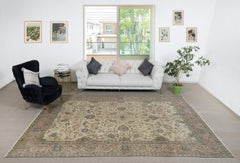 8x11.6 Ft Handmade Rug with Floral Design and Beige Field. Vintage Large Carpet