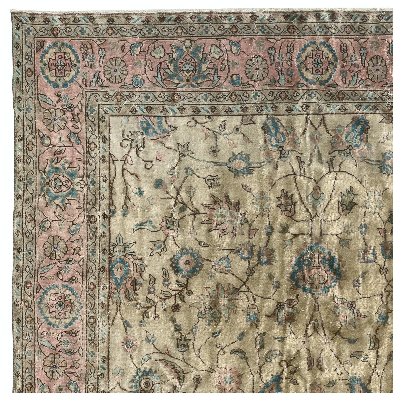 Turco Tappeto fatto a mano 8x11.6 Ft con design floreale e campo beige. Tappeto grande Vintage By in vendita