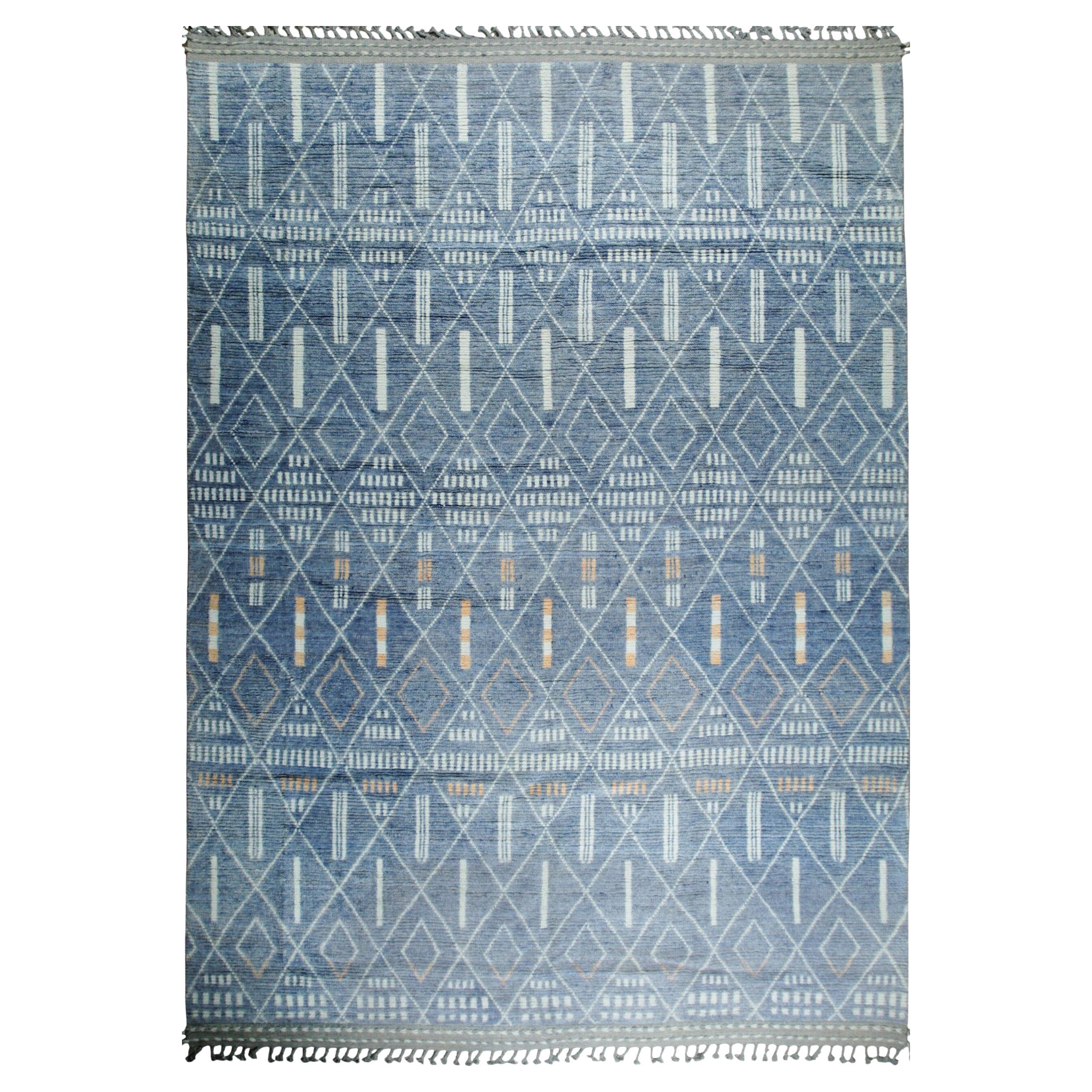 8x12 Blue Hand-Knotted Wool Linear Diamond Grid Tribal Modern Carpet Rug For Sale