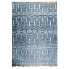 8x12 Blue Hand-Knotted Wool Linear Diamond Grid Tribal Modern Carpet Rug