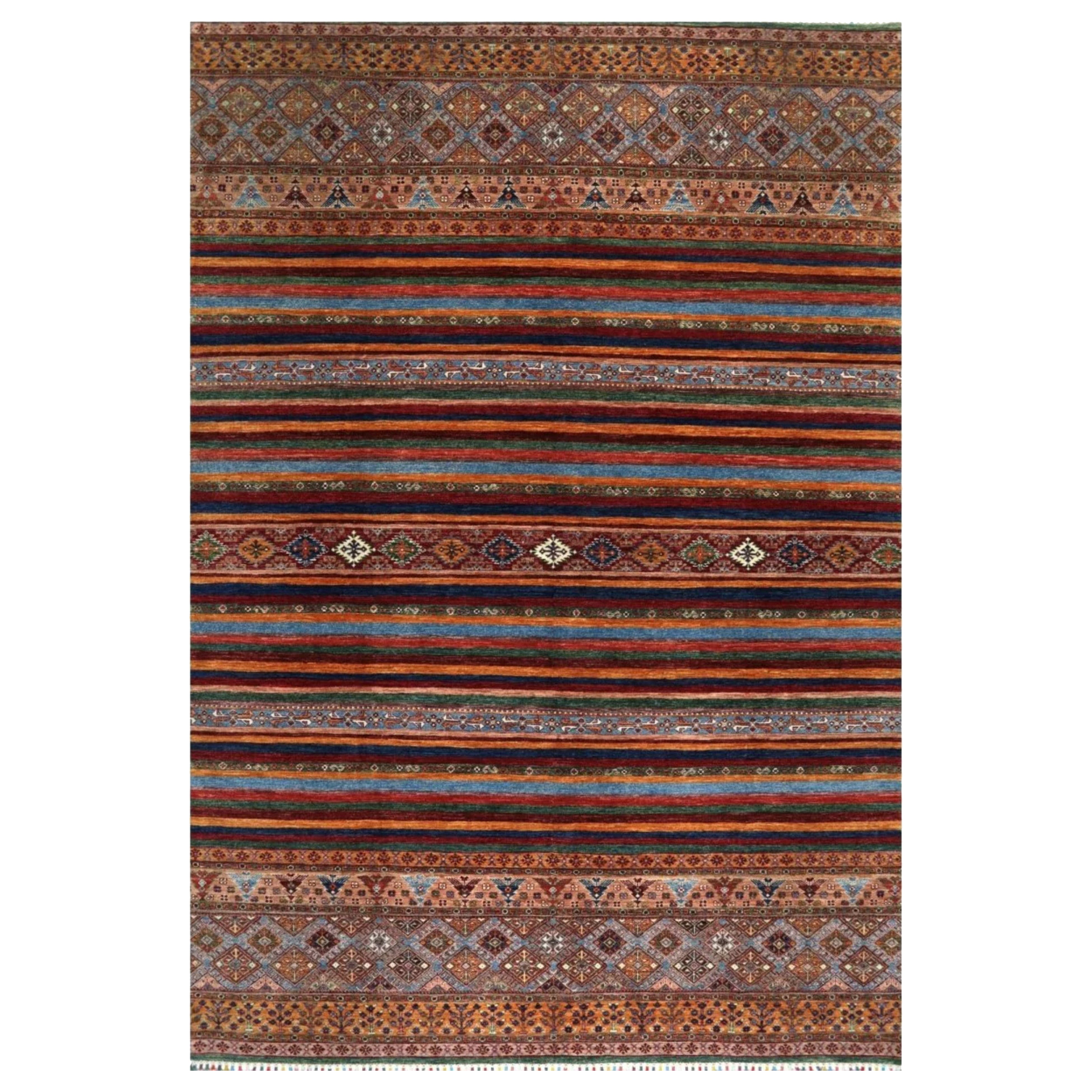 8x12 Hand Knotted Tribal Wool Area Rug – Vibrant Geometric Design For Sale