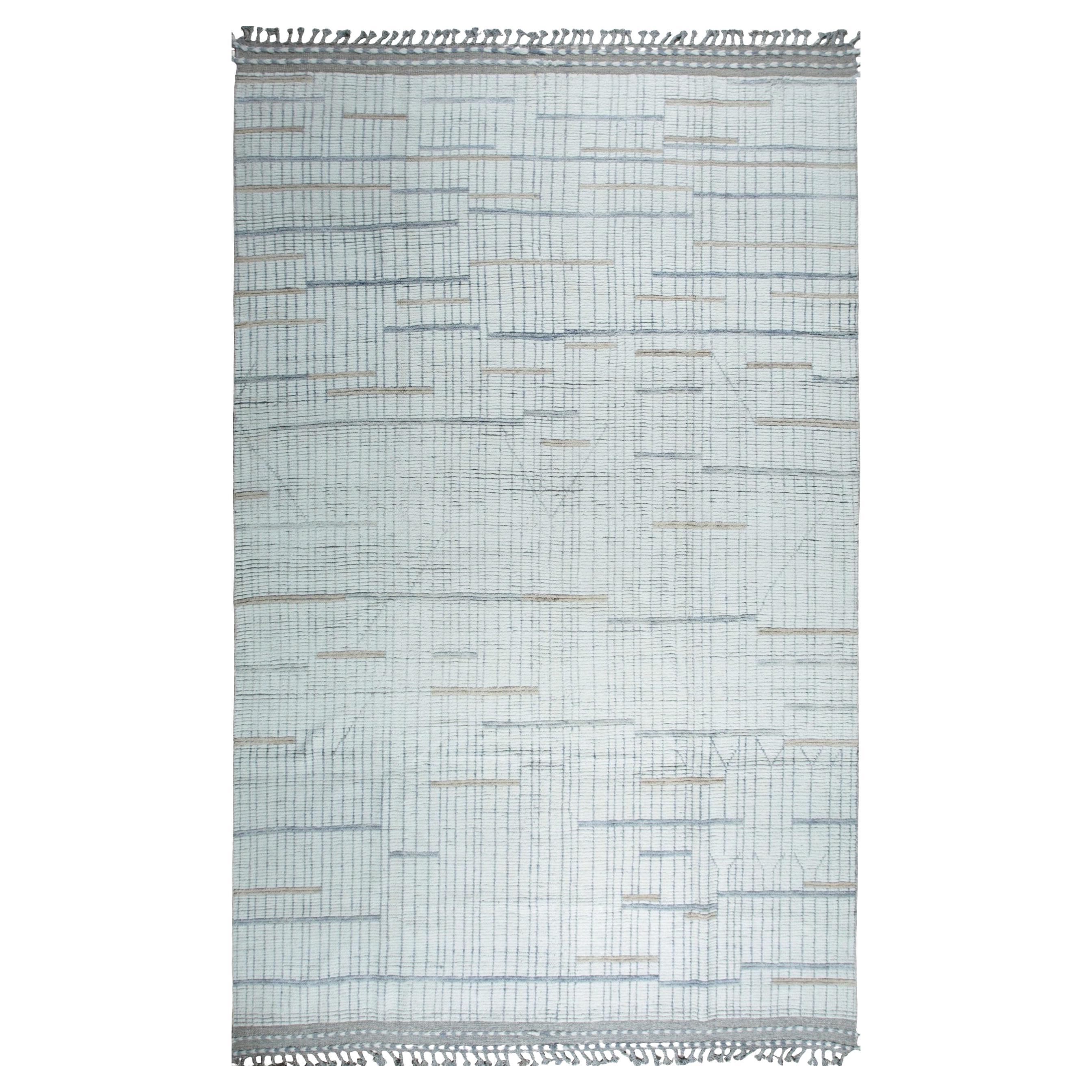 8x13 Ivory Hand-Knotted Wool Linear Blockwork Tribal Modern Carpet Rug