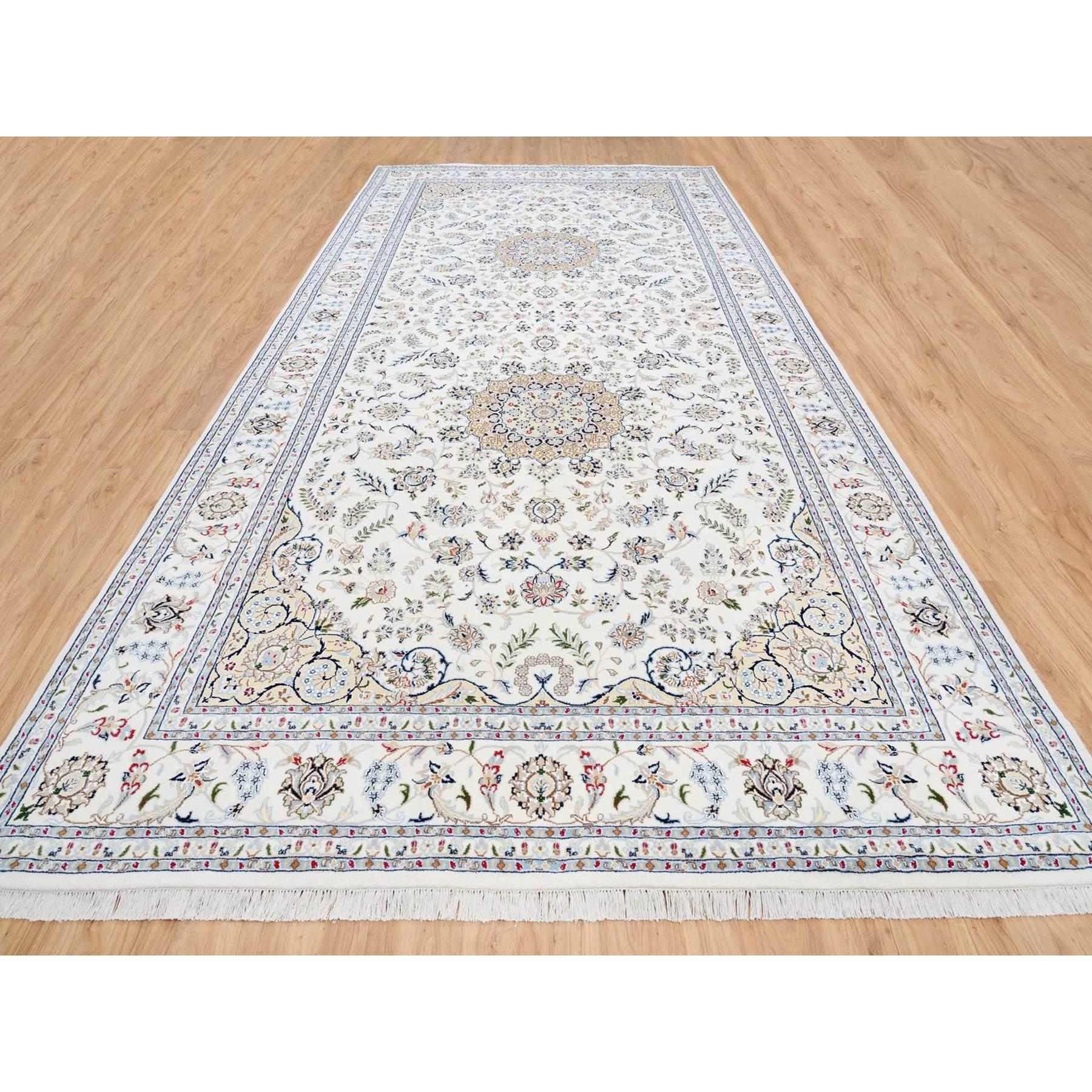This is a truly genuine one-of-a-kind Ivory Nain with Medallion and Flower Design 250 KPSI Wool Hand Knotted Oriental Wide Gallery Size Runner Rug. It has been Knotted for months and months in the centuries-old weaving craftsmanship techniques