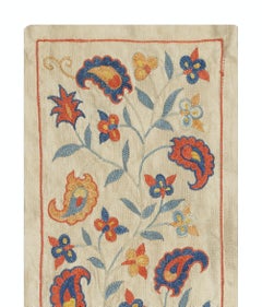 8"x21" Hand Embroidered 100% Silk Wall Hanging. Traditional Suzani Tapestry