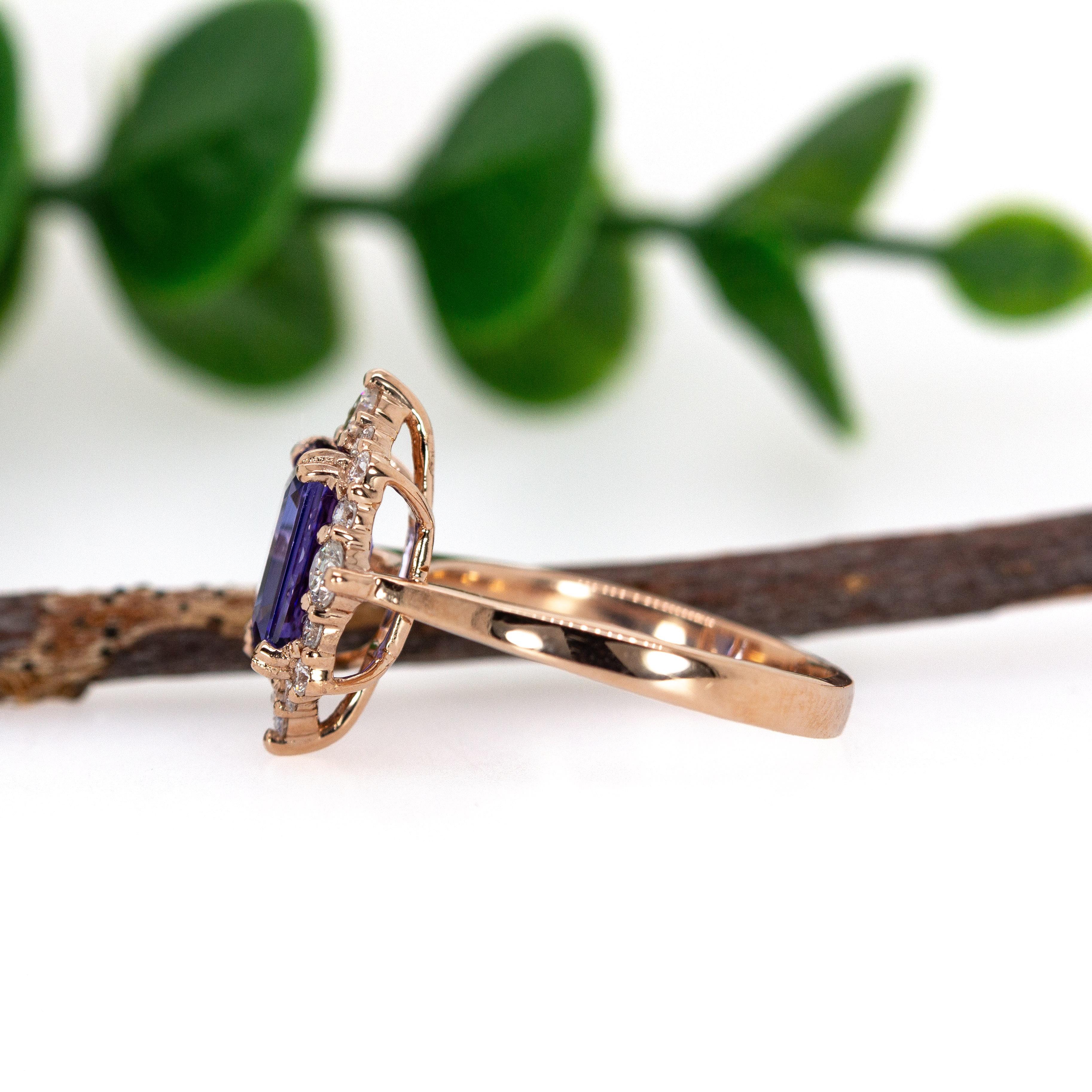 8x6mm, 1.6cts Bague Tanzanite avec Halo diamant en or rose massif 14K Pour femmes en vente