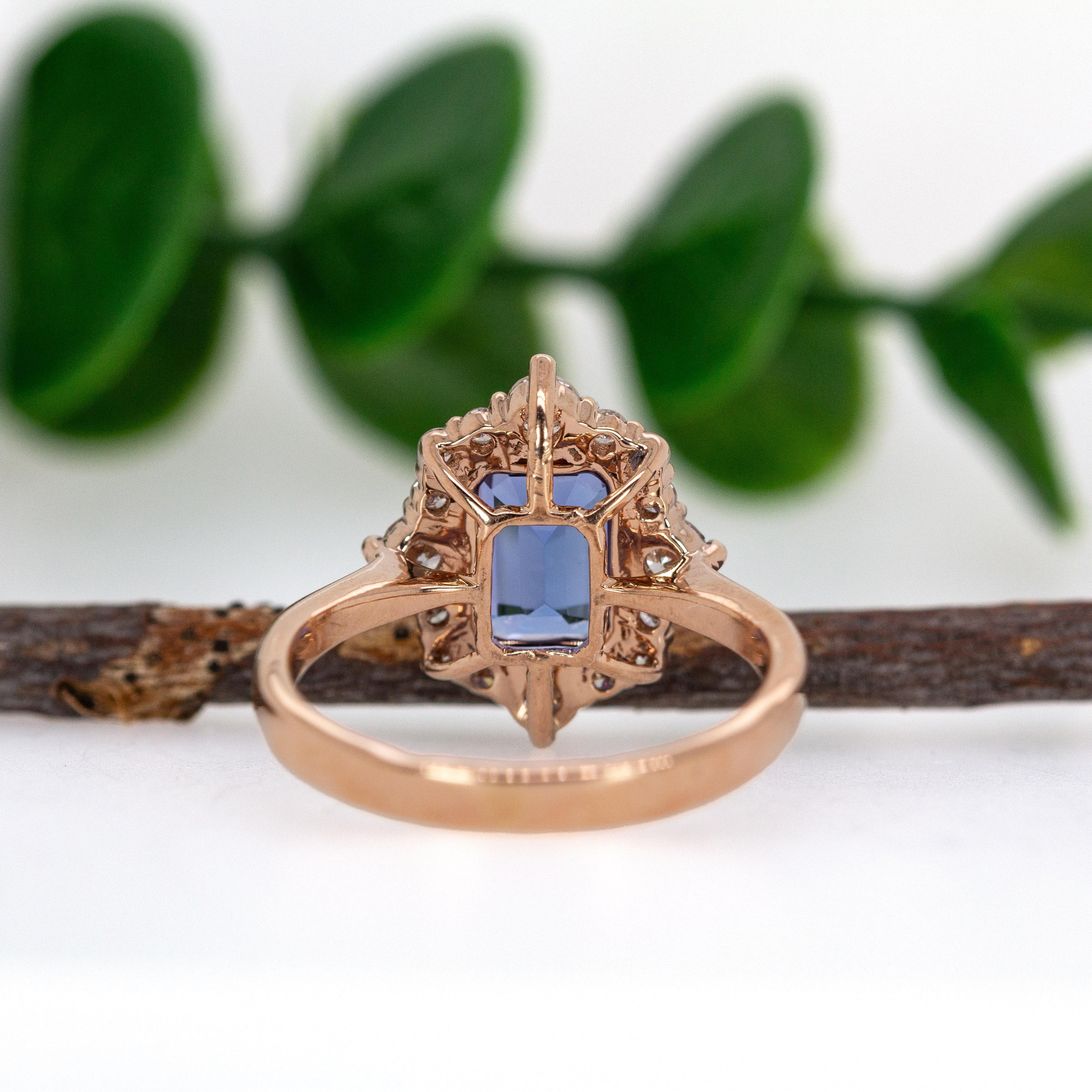 8x6mm, 1.6cts Bague Tanzanite avec Halo diamant en or rose massif 14K en vente 1