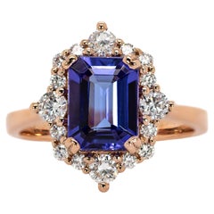 8x6mm, 1.6cts Bague Tanzanite avec Halo diamant en or rose massif 14K