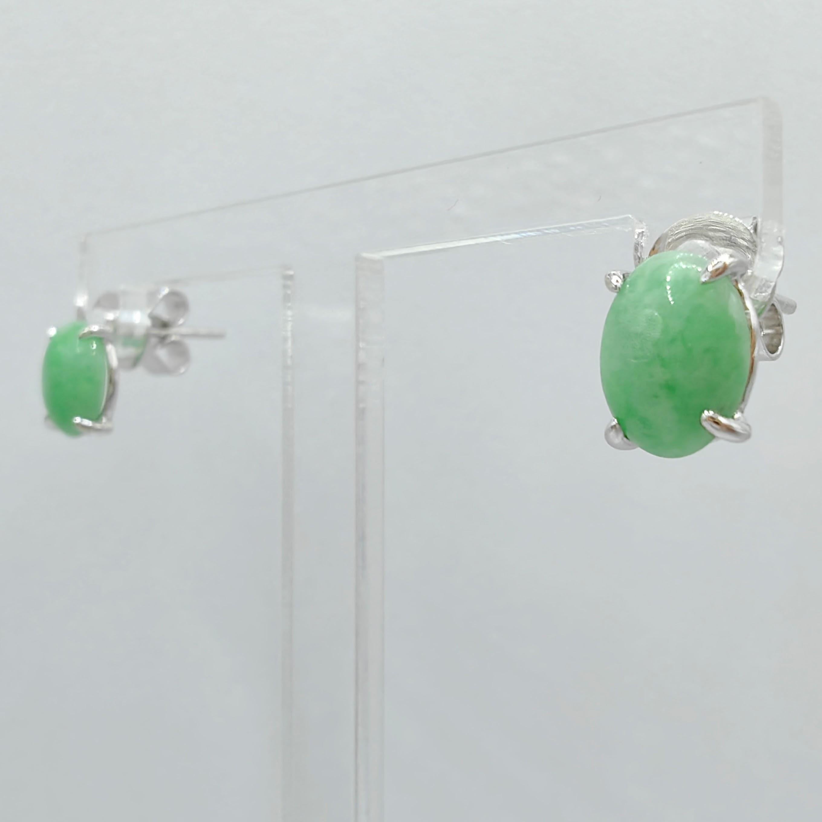 8x6mm Genuine Burmese Apple Green Oval Jadeite Jade 18K White Gold Stud Earrings For Sale 1