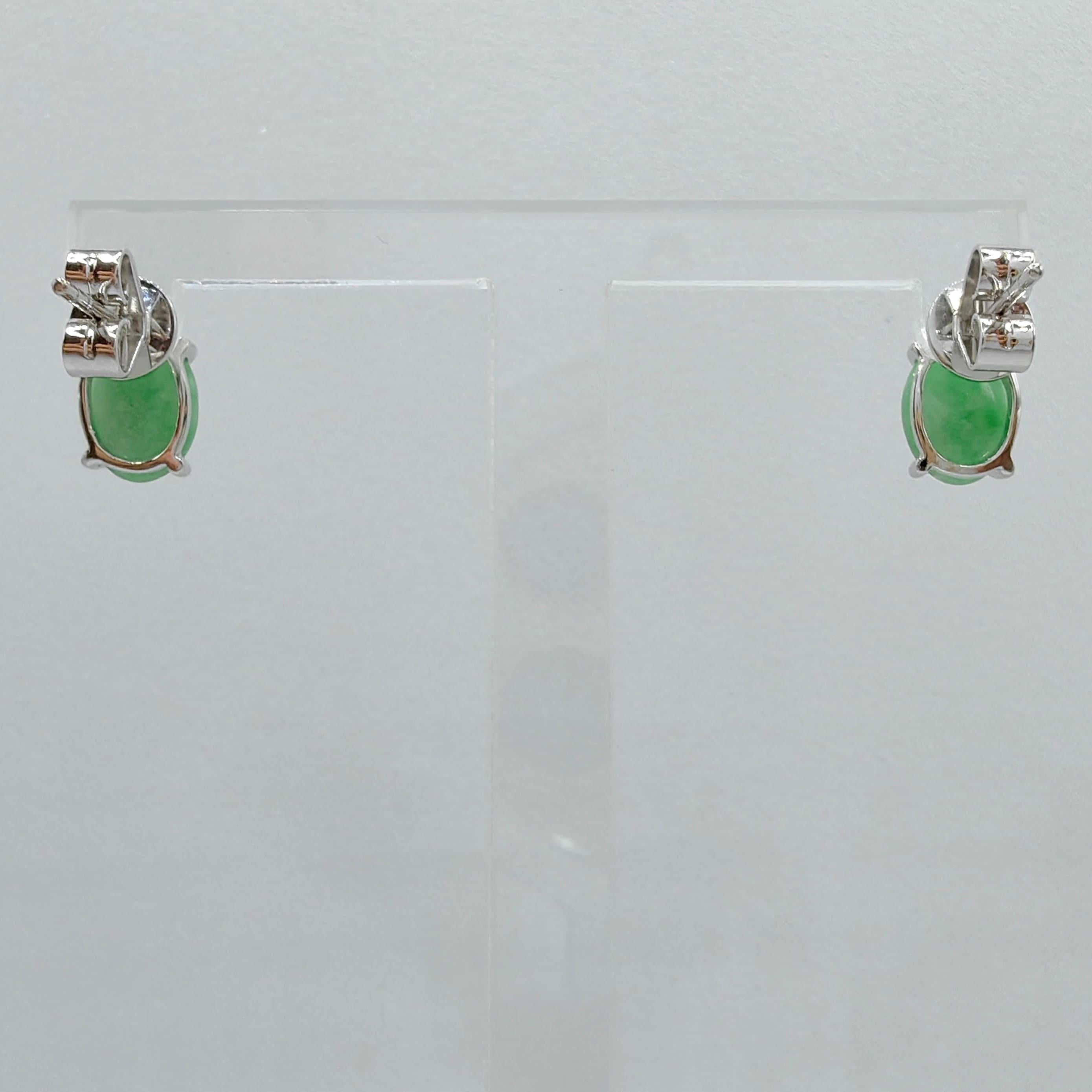 8x6mm Genuine Burmese Apple Green Oval Jadeite Jade 18K White Gold Stud Earrings For Sale 3