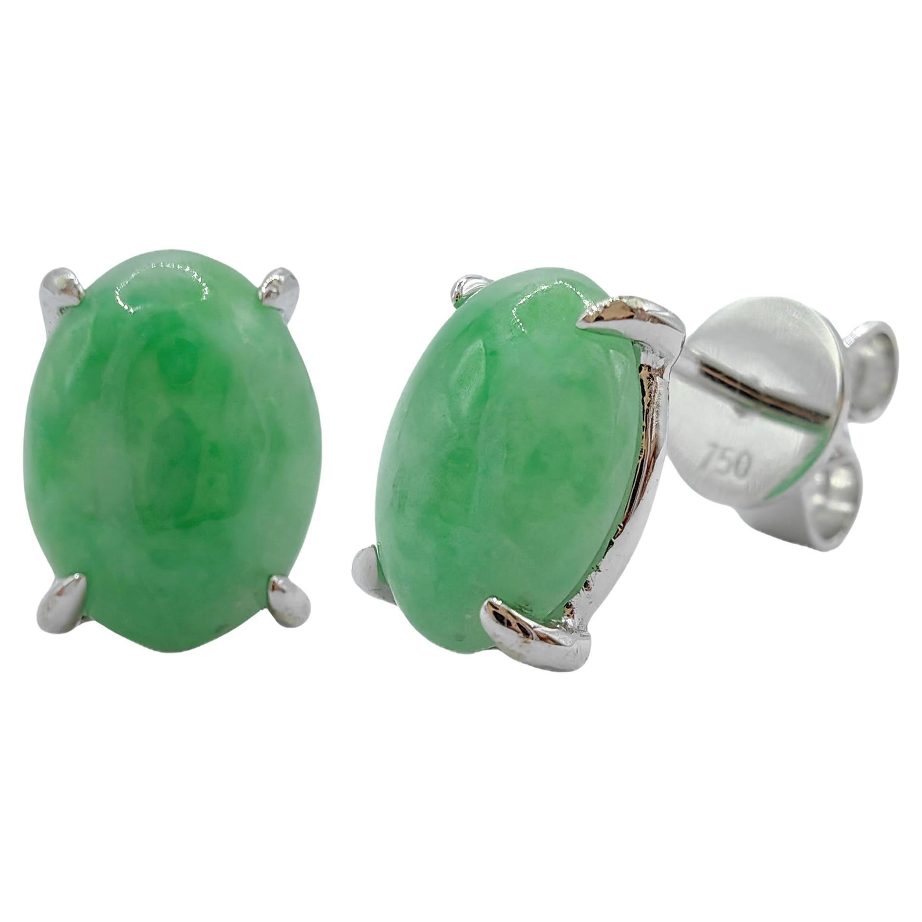 8x6mm Genuine Burmese Apple Green Oval Jadeite Jade 18K White Gold Stud Earrings For Sale