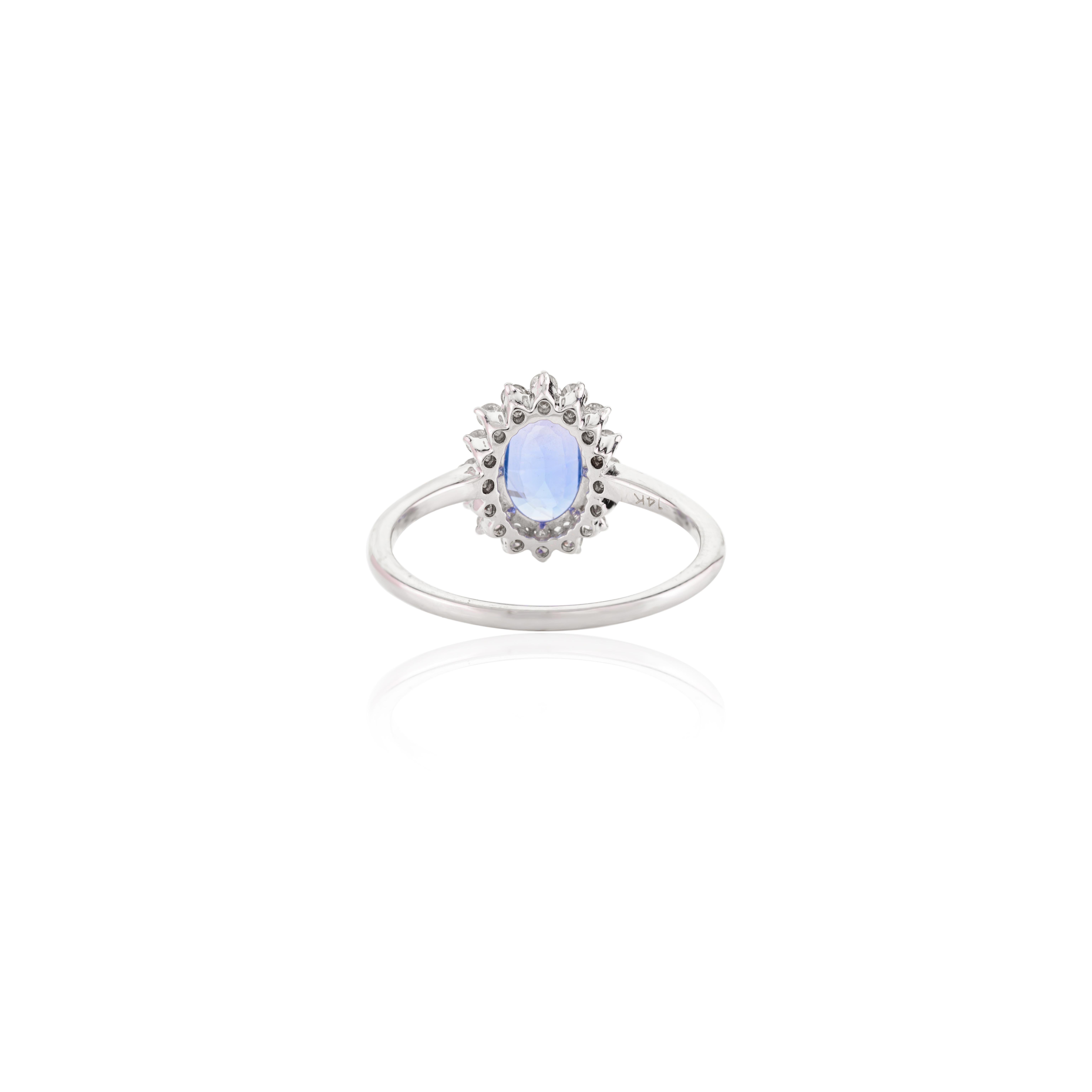 in vendita:  Anello aureolato con zaffiro blu ovale e diamante di 8x6 mm, regalo in oro bianco massiccio 14 carati 3