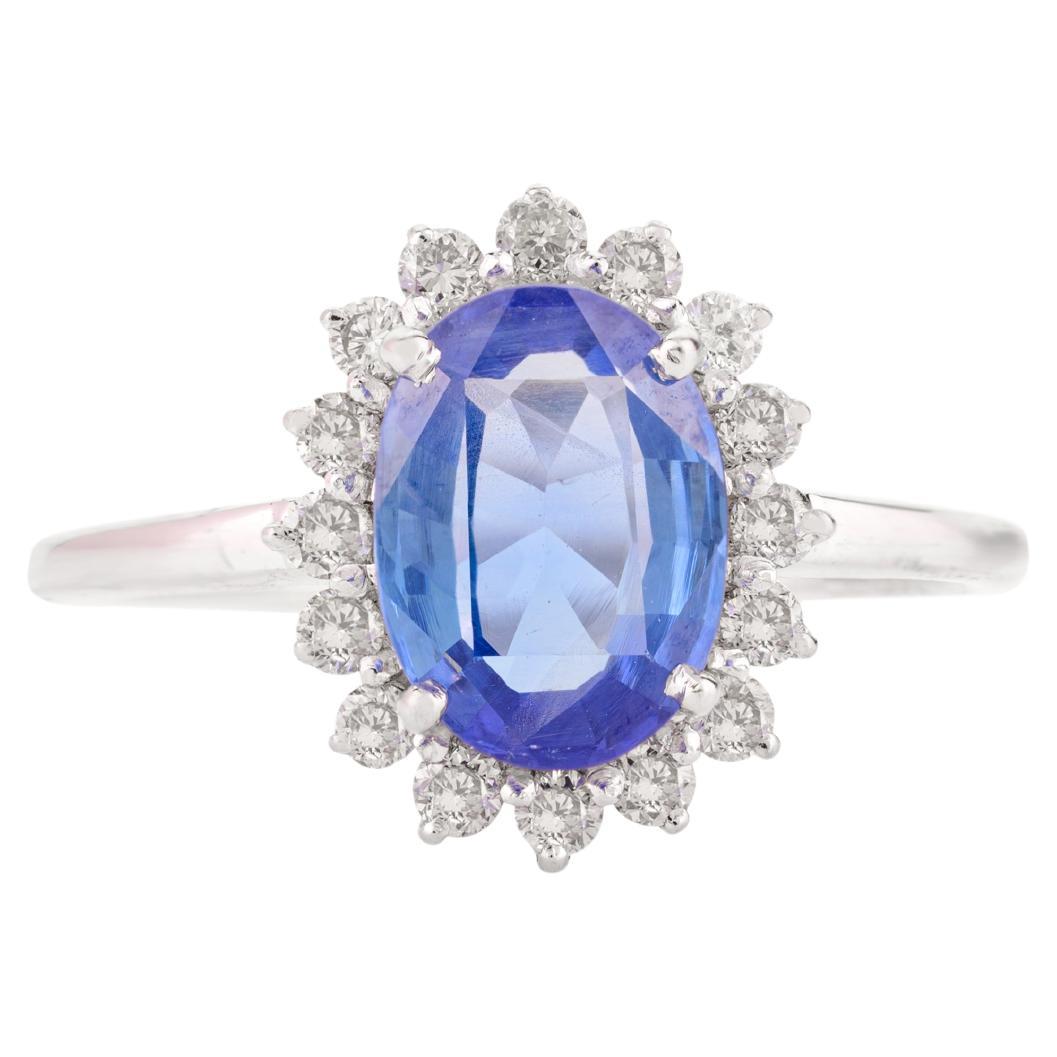 8x6MM Oval Blue Sapphire and Diamond Halo Ring Gift in 14k Solid White Gold (Bague de halo en or blanc 14k)