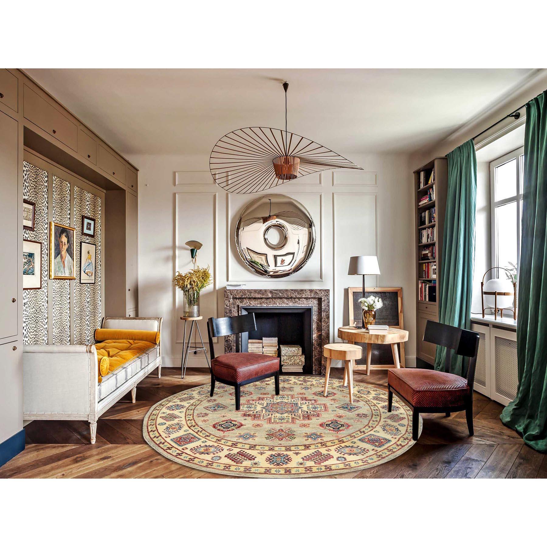 Pale Goldenrod, Special Kazak with Large Medallion Natural Dyes, 100% Wool Hand Knotted, Round Oriental Rug
Primary materials: Wool
Latex: No Pile 
height: 0.25 Inches
Style: Traditional
Primary color: Yellow
Secondary colors: Red, Yellow, Orange,