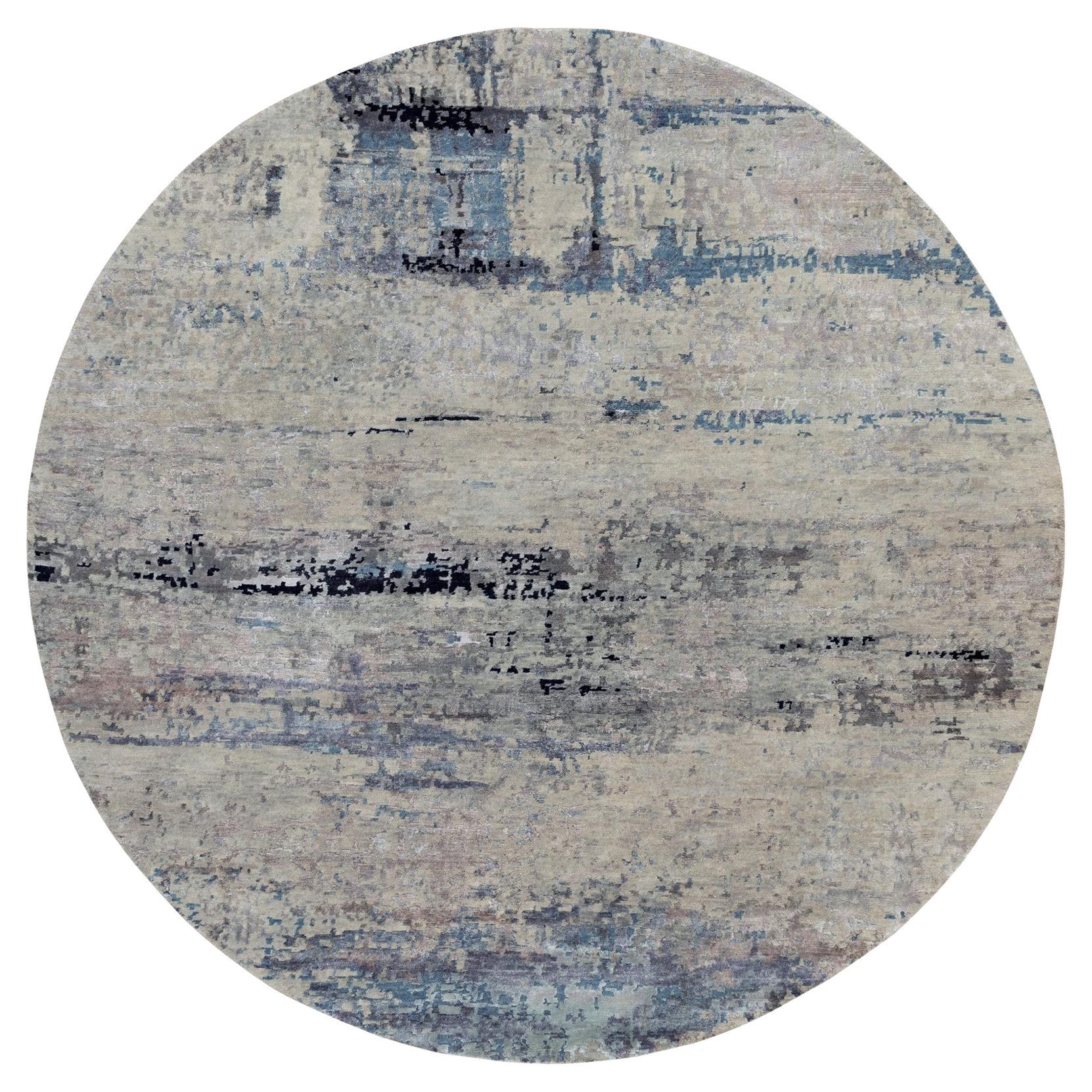 8'x8' Abstract Design Silver-Blue Hand Knotted Wool & Silk Oriental Rug