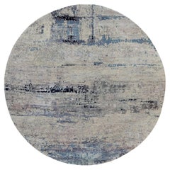 8'x8' Abstract Design Silver-Blue Hand Knotted Wool & Silk Oriental Rug