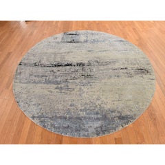 8'x8' Beige-Gray Modern Abstract Design Hand Knotted Wool & Silk Round Rug