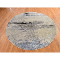 8'x8' Beige-Gray Modern Abstract Design Hand Knotted Wool & Silk Round Rug