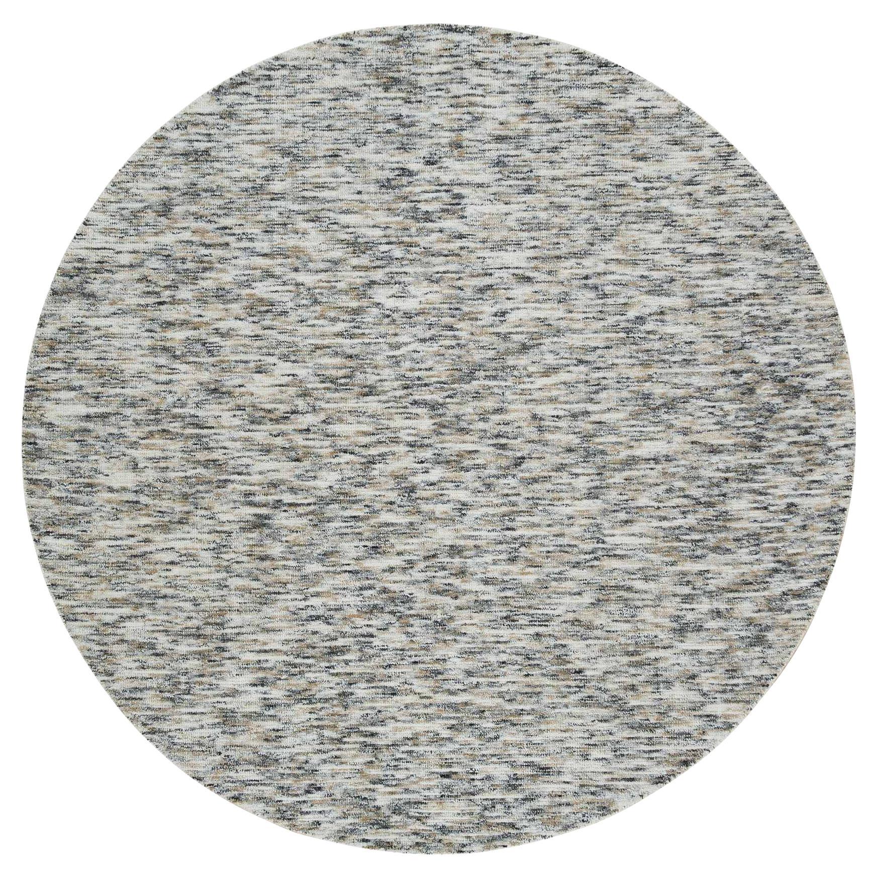 8'x8' Beige Reine Wolle Hand gewebt Modern Striae Design Runde Orientteppich im Angebot