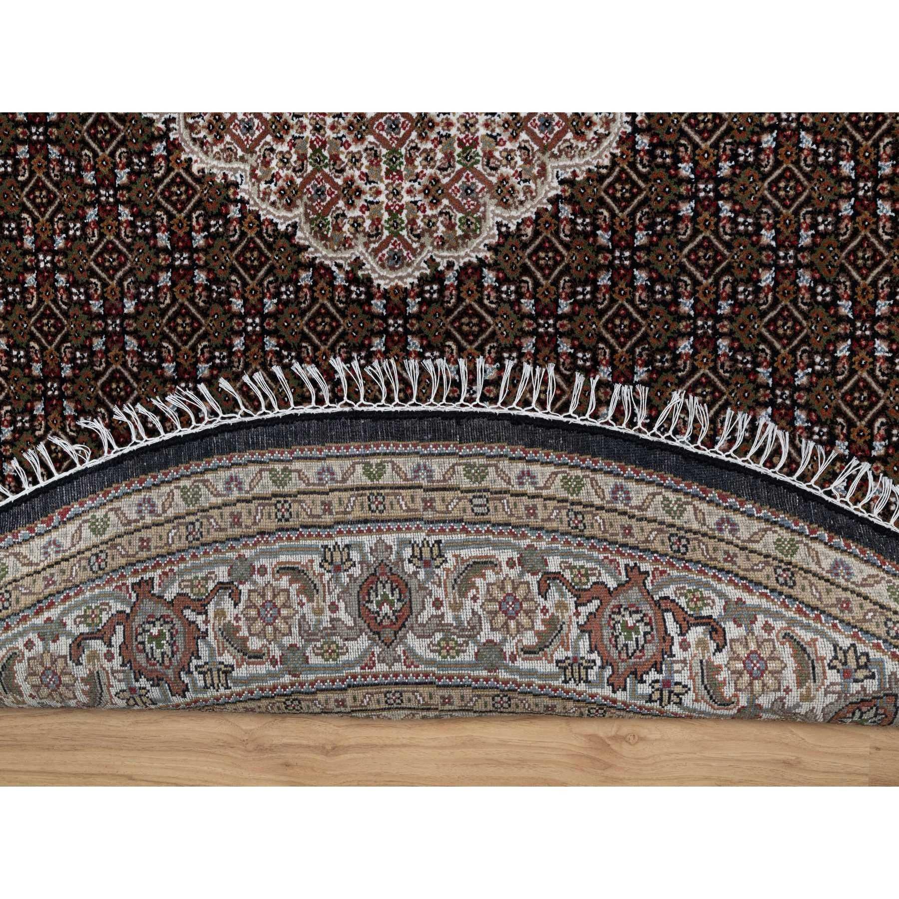 Hand-Knotted 8'x8' Black Tabriz Mahi Fish Design 175 KPSI Wool Hand Knotted Round Rug For Sale