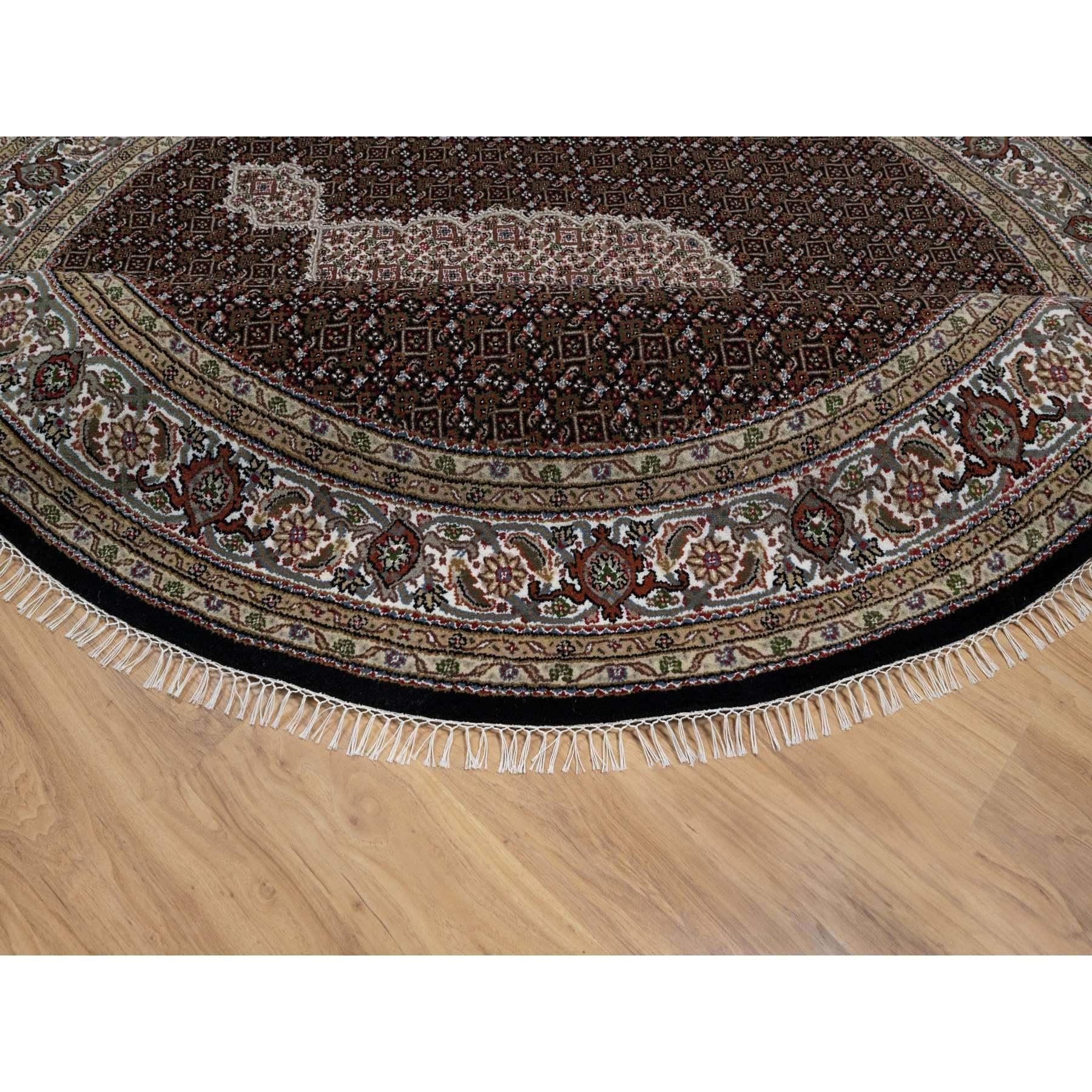 Contemporary 8'x8' Black Tabriz Mahi Fish Design 175 KPSI Wool Hand Knotted Round Rug For Sale