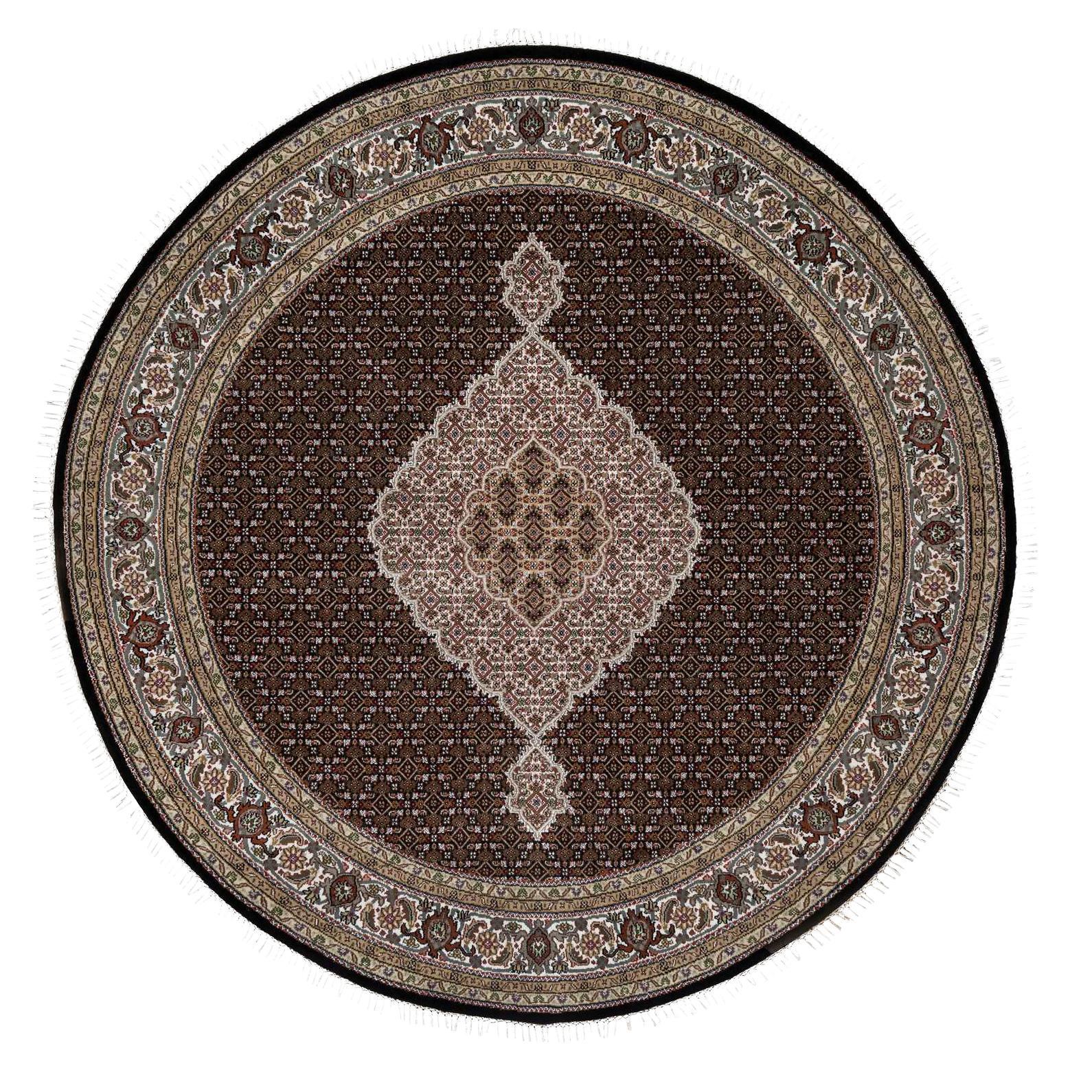 8'x8' Black Tabriz Mahi Fish Design 175 KPSI Wool Hand Knotted Round Rug