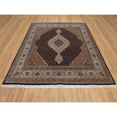 8'x8' Black Tabriz Mahi Fish Medallion Design Hand Knotted Wool Square Rug