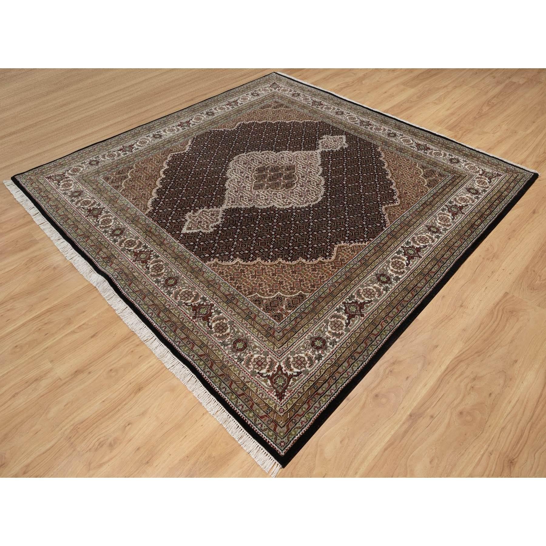 Indian 8'x8' Black Tabriz Mahi Fish Medallion Design Hand Knotted Wool Square Rug For Sale