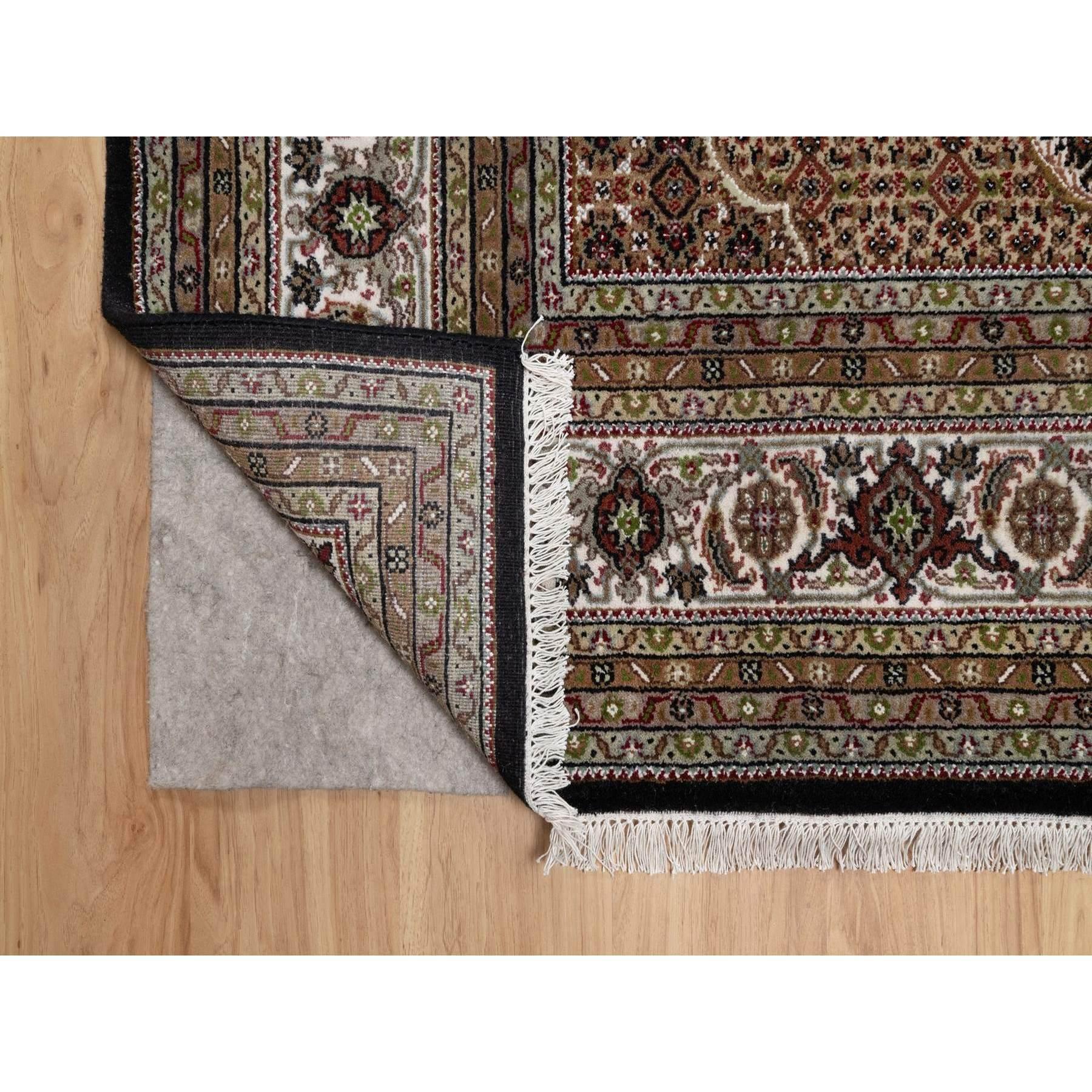 Hand-Knotted 8'x8' Black Tabriz Mahi Fish Medallion Design Hand Knotted Wool Square Rug For Sale