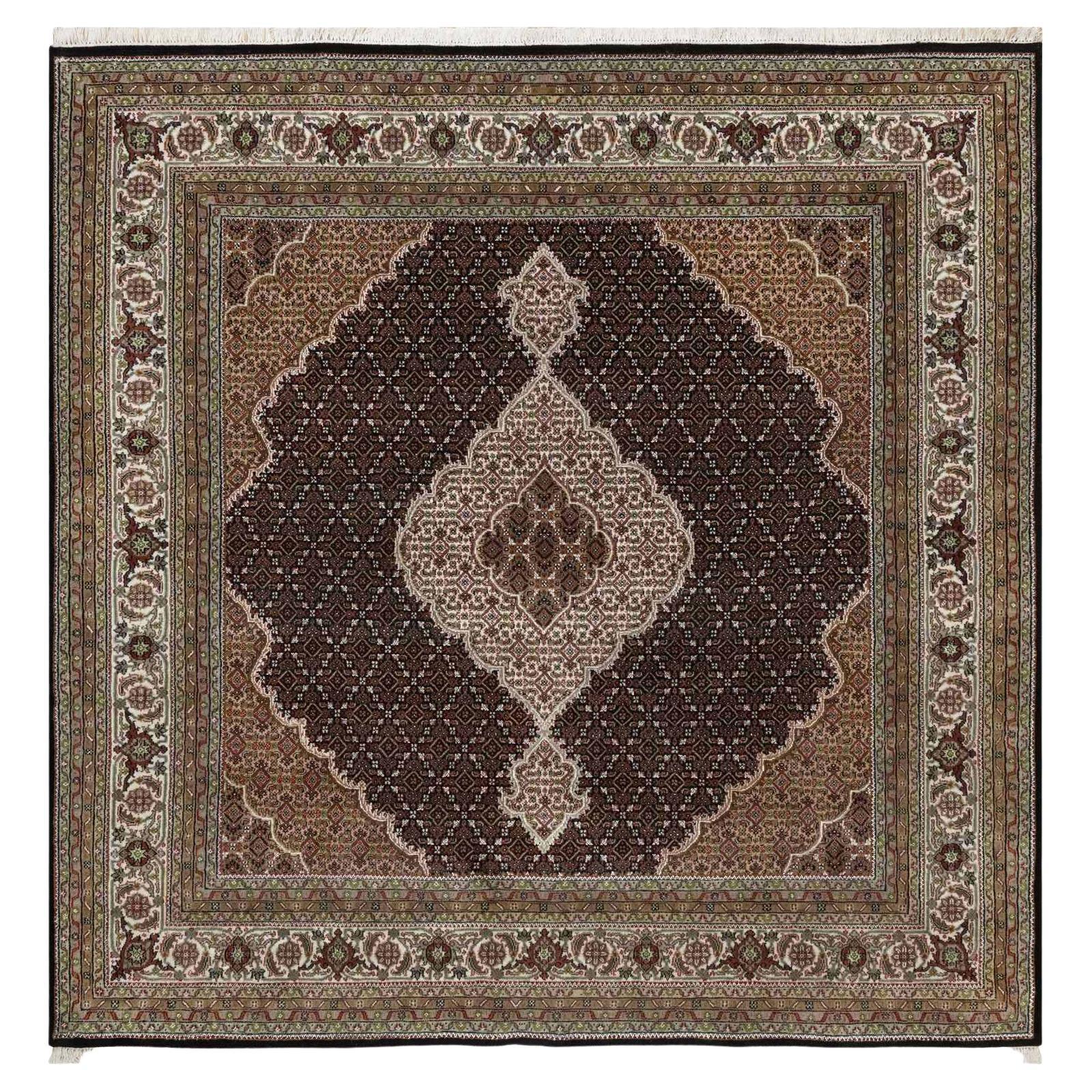 8
x8
 Black Tabriz Mahi Fish Medallion Design Hand Knotted Wool Square Rug