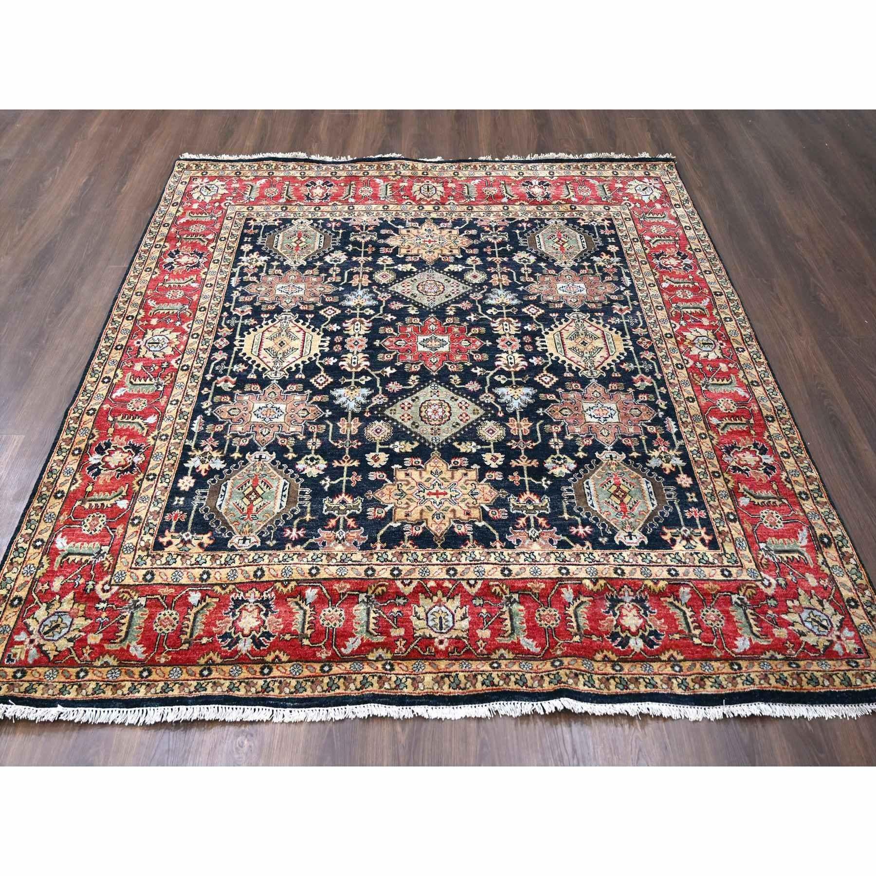 This is a truly genuine one-of-a-kind Vegetable Dyes, 100% Wool, Soft Pile, Karajeh Design with All Over Pattern, Hand Knotted, Square, Oriental Rug. It has been Knotted for months and months in the centuries-old weaving craftsmanship technique by