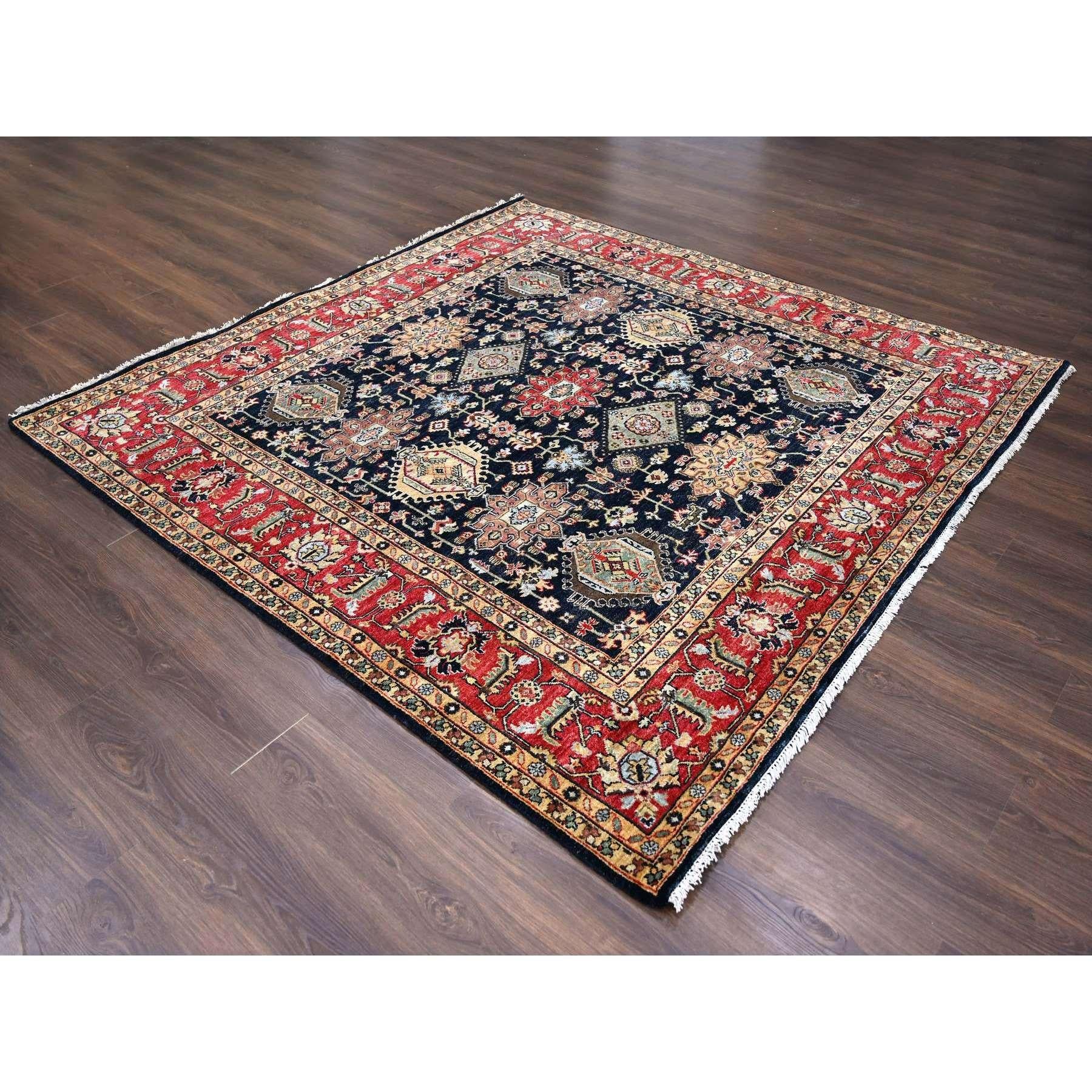 Medieval 8'x8' Black Wool Karajeh Design Wool Hand Knotted Square Oriental Rug For Sale