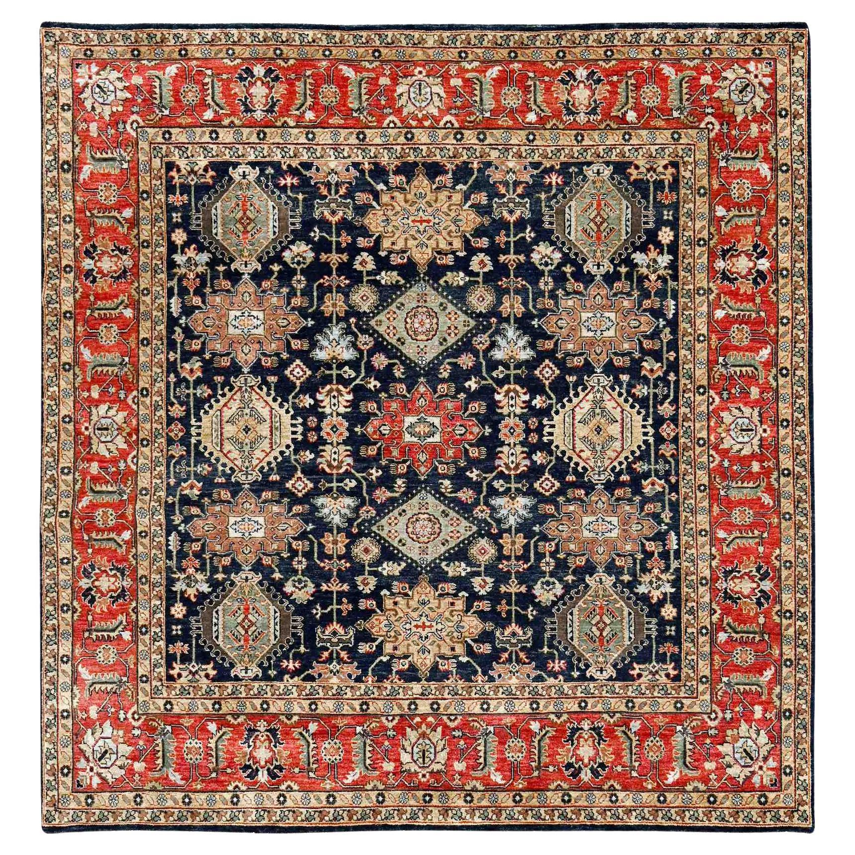8'x8' Black Wool Karajeh Design Wool Hand Knotted Square Oriental Rug For Sale