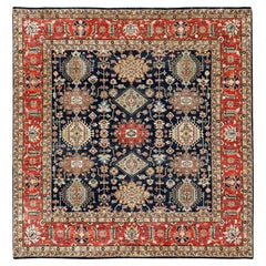 8'x8' Black Wool Karajeh Design Wool Hand Knotted Square Oriental Rug