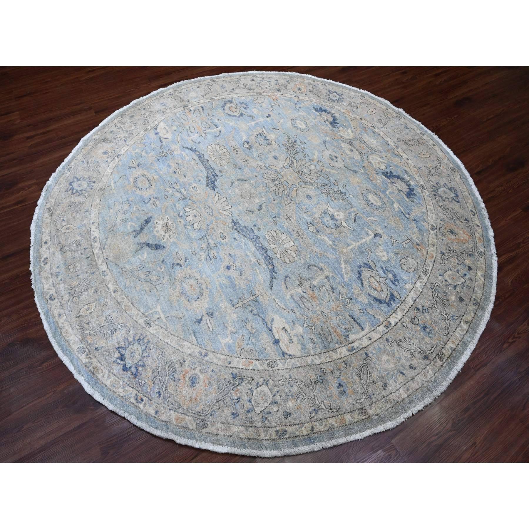 Oushak 8'x8' Tappeto rotondo in lana afgana Peshawar Heriz blu con disegno all over annodato a mano in vendita