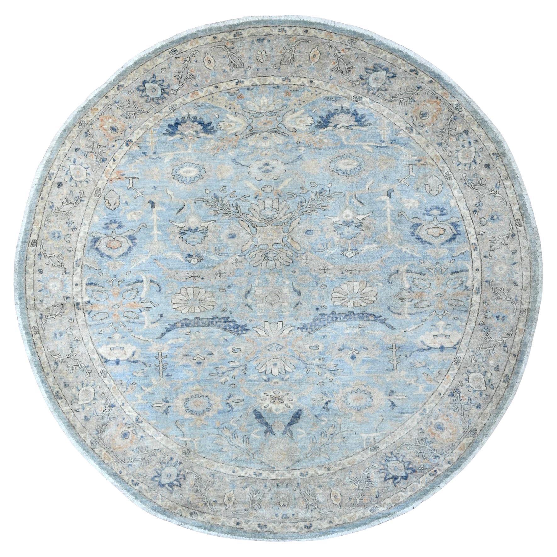 8'x8' Tappeto rotondo in lana afgana Peshawar Heriz blu con disegno all over annodato a mano