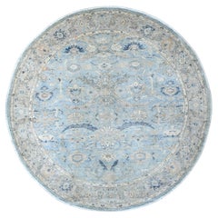 8'x8' Tappeto rotondo in lana afgana Peshawar Heriz blu con disegno all over annodato a mano