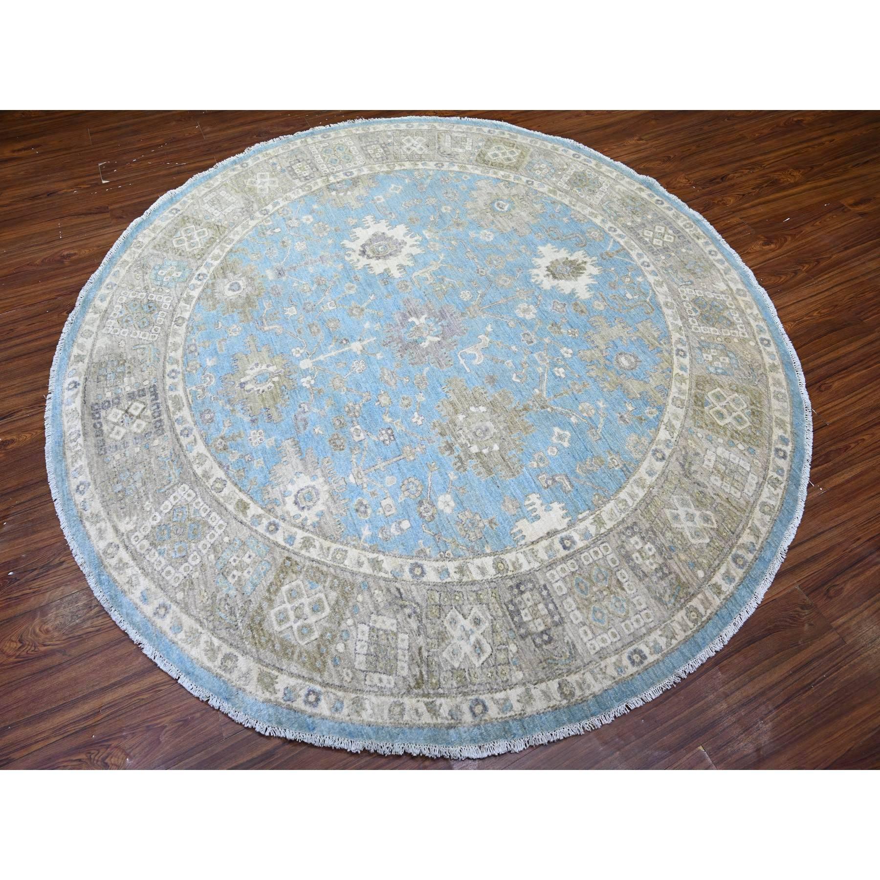 8'x8' Blauer handgeknüpfter runder orientalischer Teppich aus reiner Wolle im Mahal-Design (Mittelalterlich) im Angebot