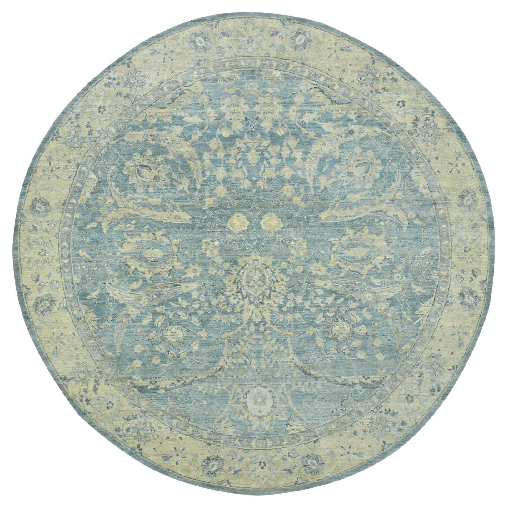 8
x8
 Blue Sickle Leaf Design Hand Knotted Pure Wool Cropped Low Round Rug For Sale