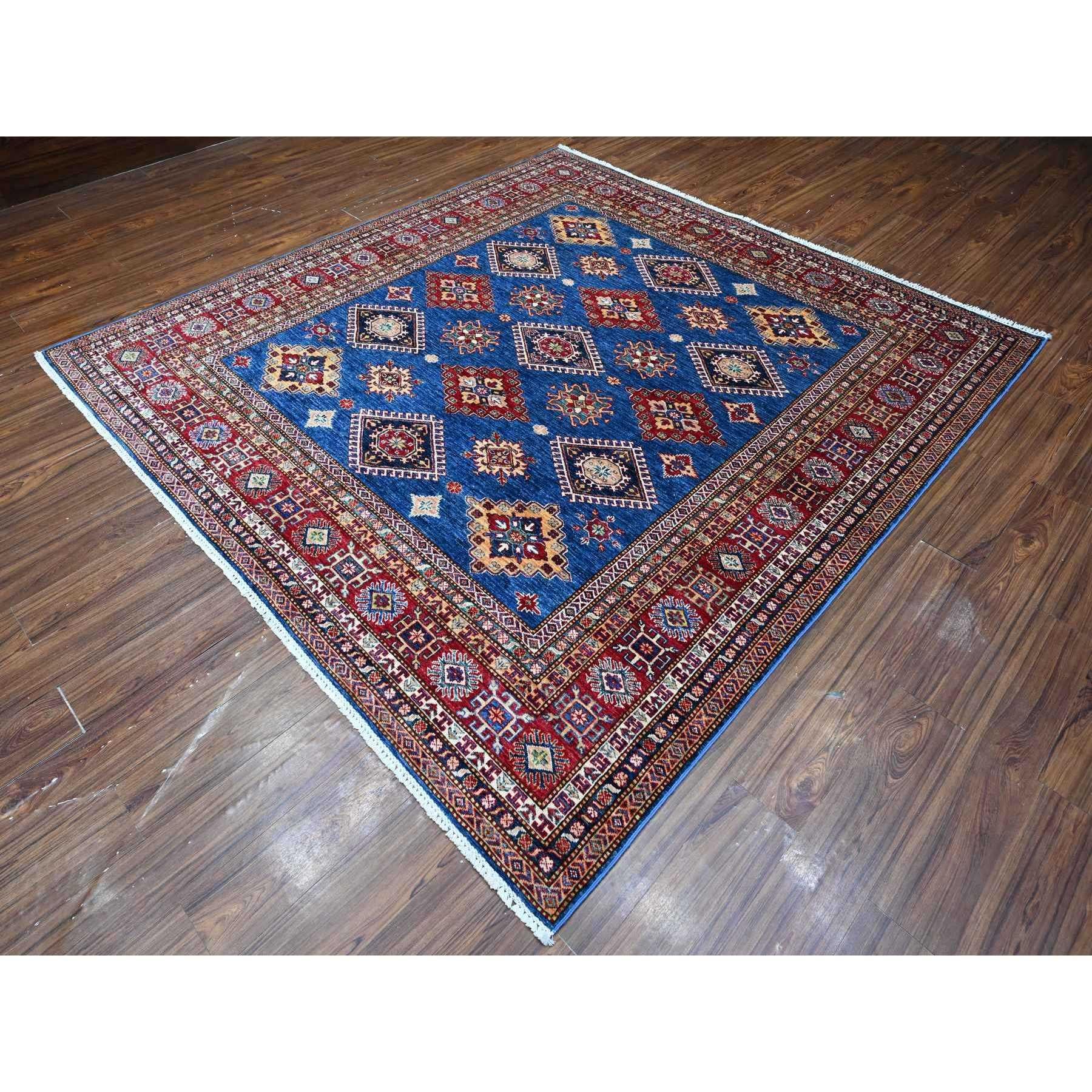 8'x8' Blau Super Kazak Medaillons Weiche Wolle Handgeknüpft Quadratischer Orientteppich (Kasachisch) im Angebot