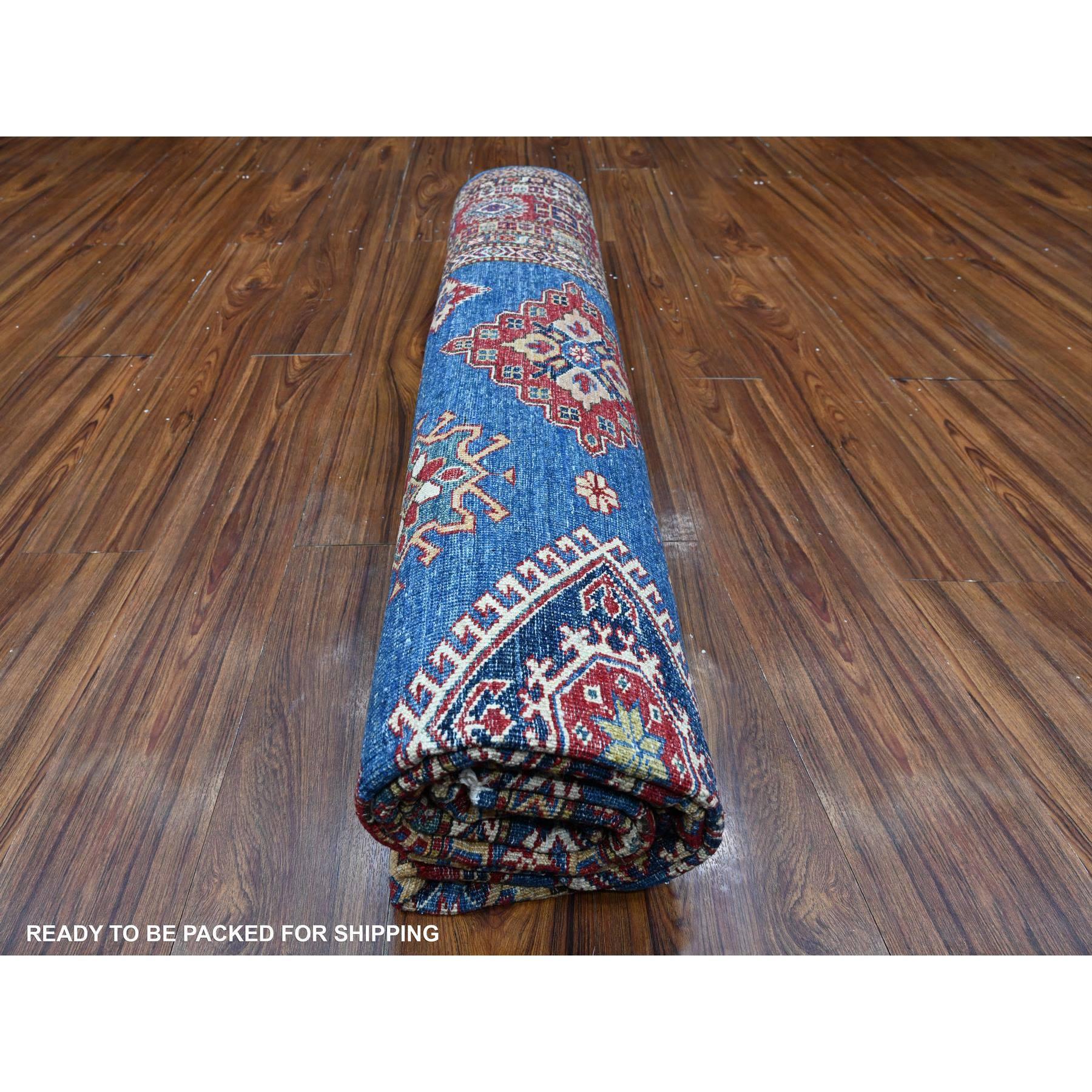 8'x8' Blau Super Kazak Medaillons Weiche Wolle Handgeknüpft Quadratischer Orientteppich im Angebot 3